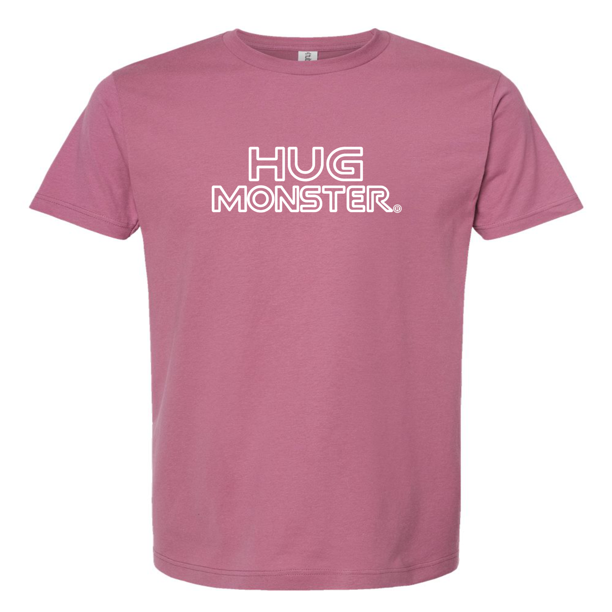 Hug Monster Retro Grid White Outline T-Shirt - Positive Message Graphic Tee in Soft Dusty Rose Pink – Front View