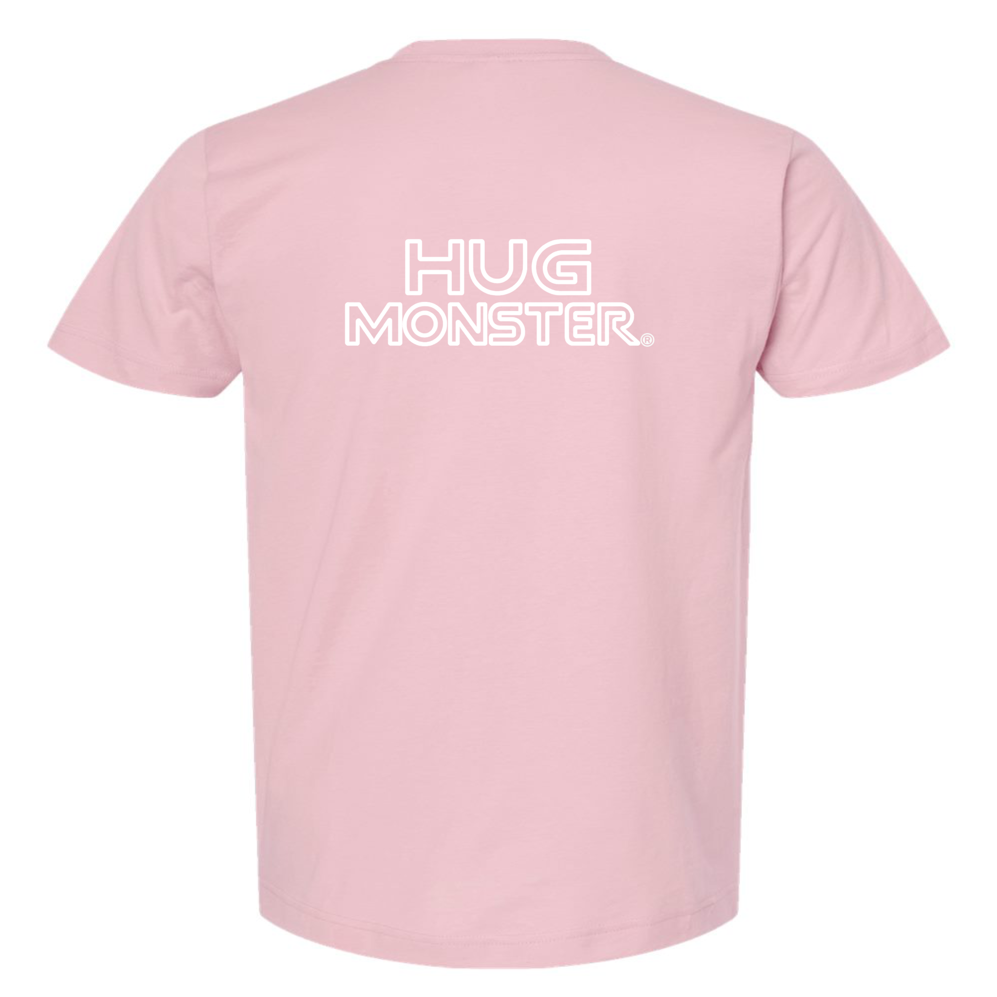 Hug Monster Retro Grid White Outline T-Shirt - Positive Message Graphic Tee in Soft Pink – Back View