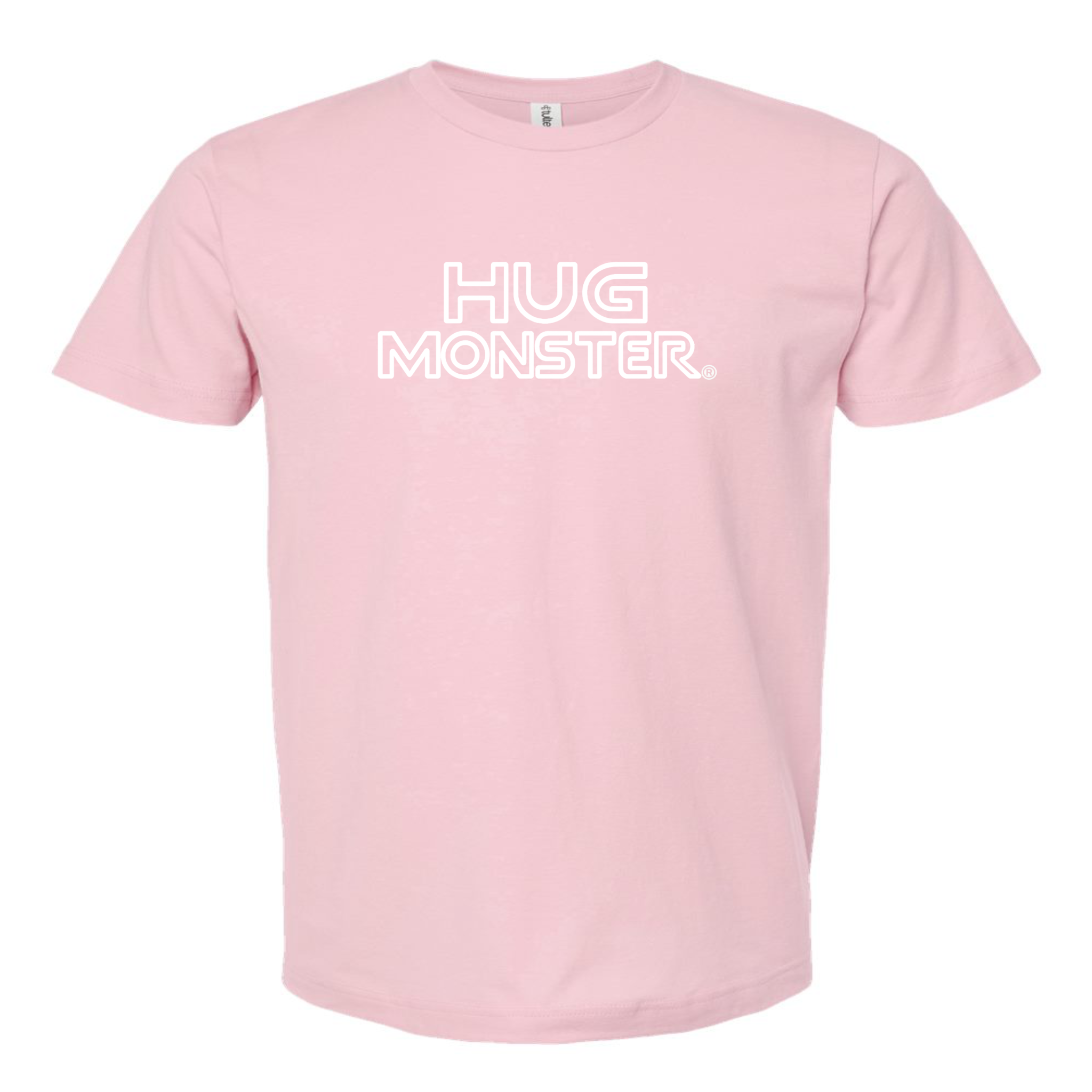Hug Monster Retro Grid White Outline T-Shirt - Positive Message Graphic Tee in Soft Pink – Front View