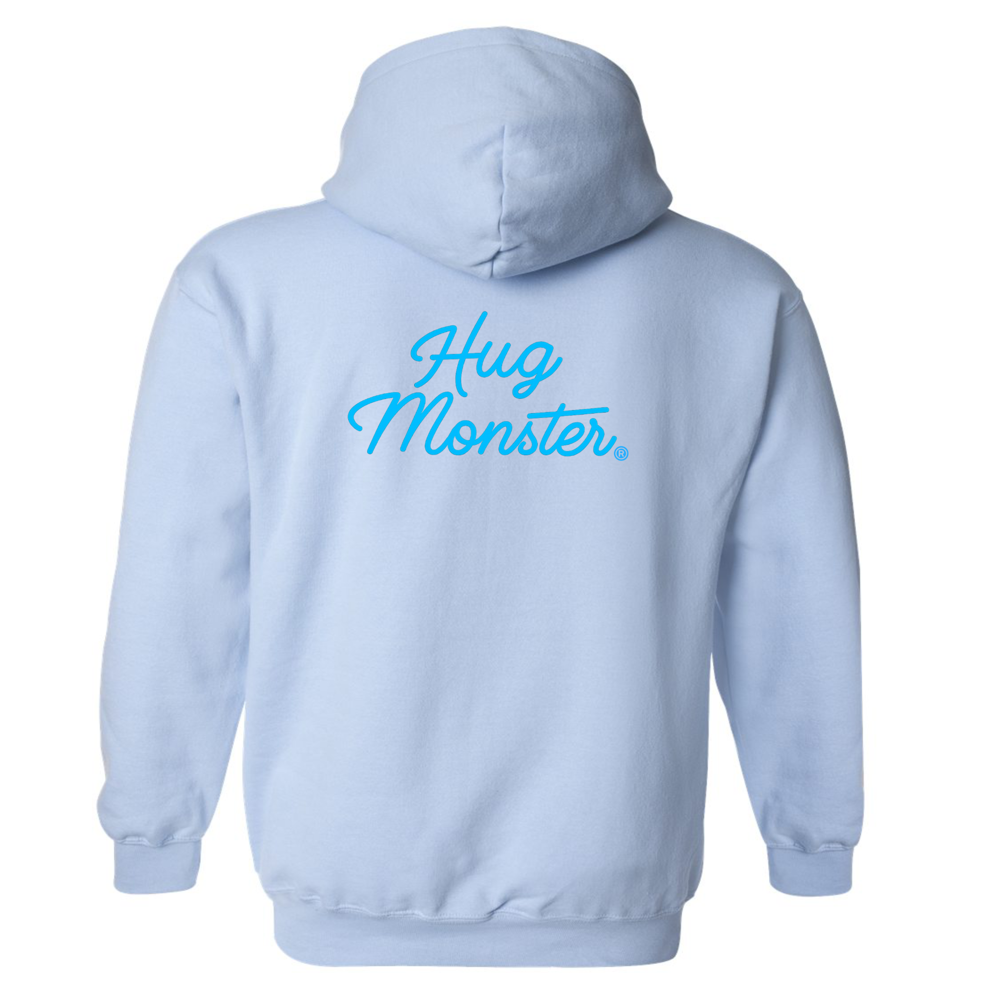 Hug Monster Stacked Classic Blue Cursive graphic hoodie in Baby Blue cozy fleece positive message sweatshirt