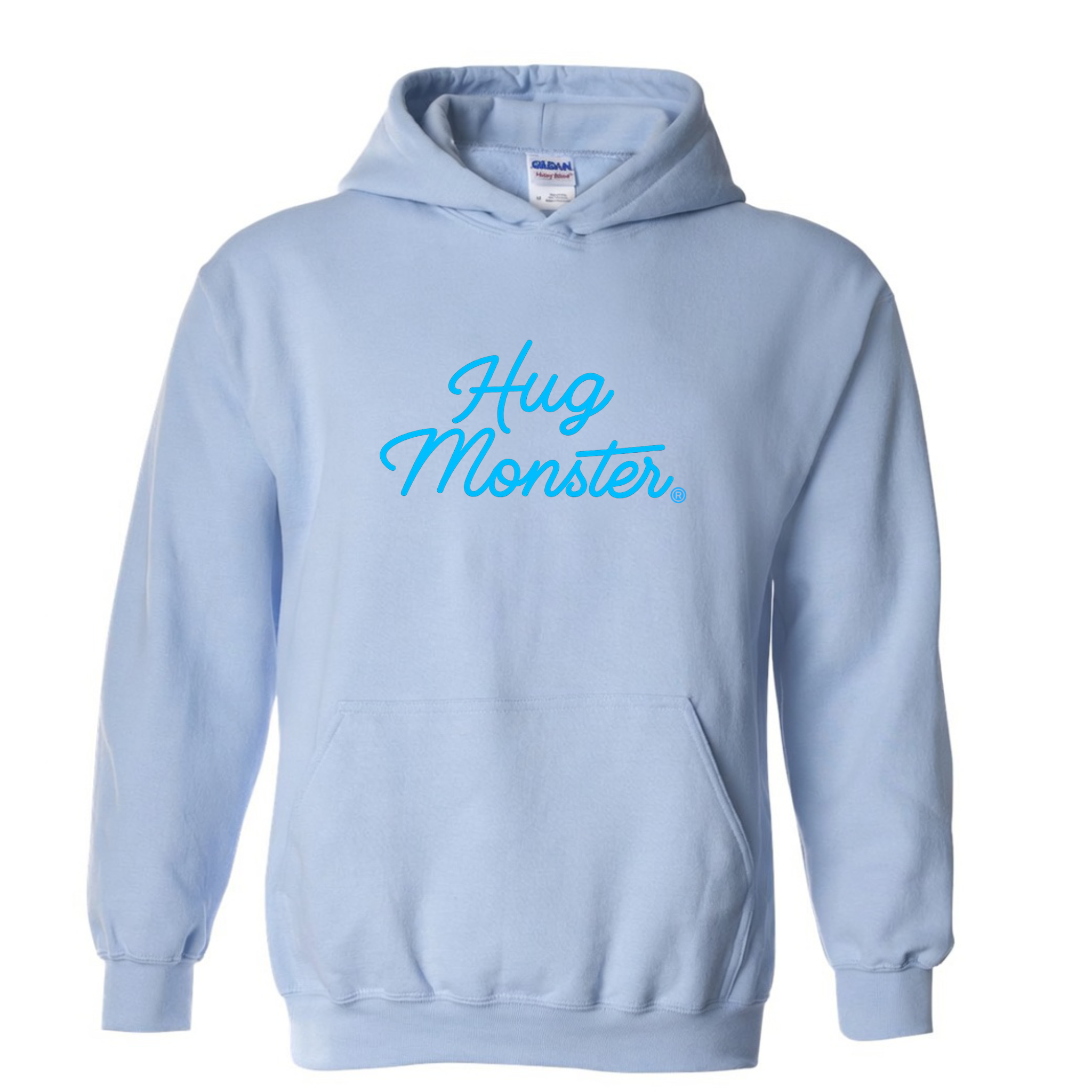 Hug Monster Stacked Classic Blue Cursive graphic hoodie in Baby Blue cozy fleece positive message sweatshirt