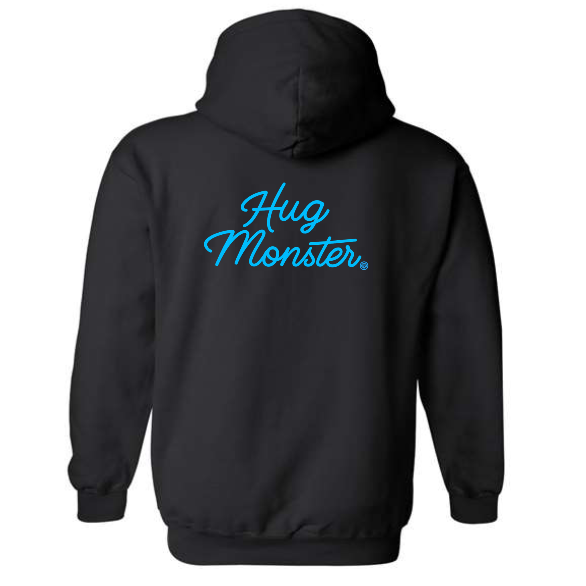 Hug Monster Stacked Classic Blue Cursive graphic hoodie in Black cozy fleece positive message sweatshirt