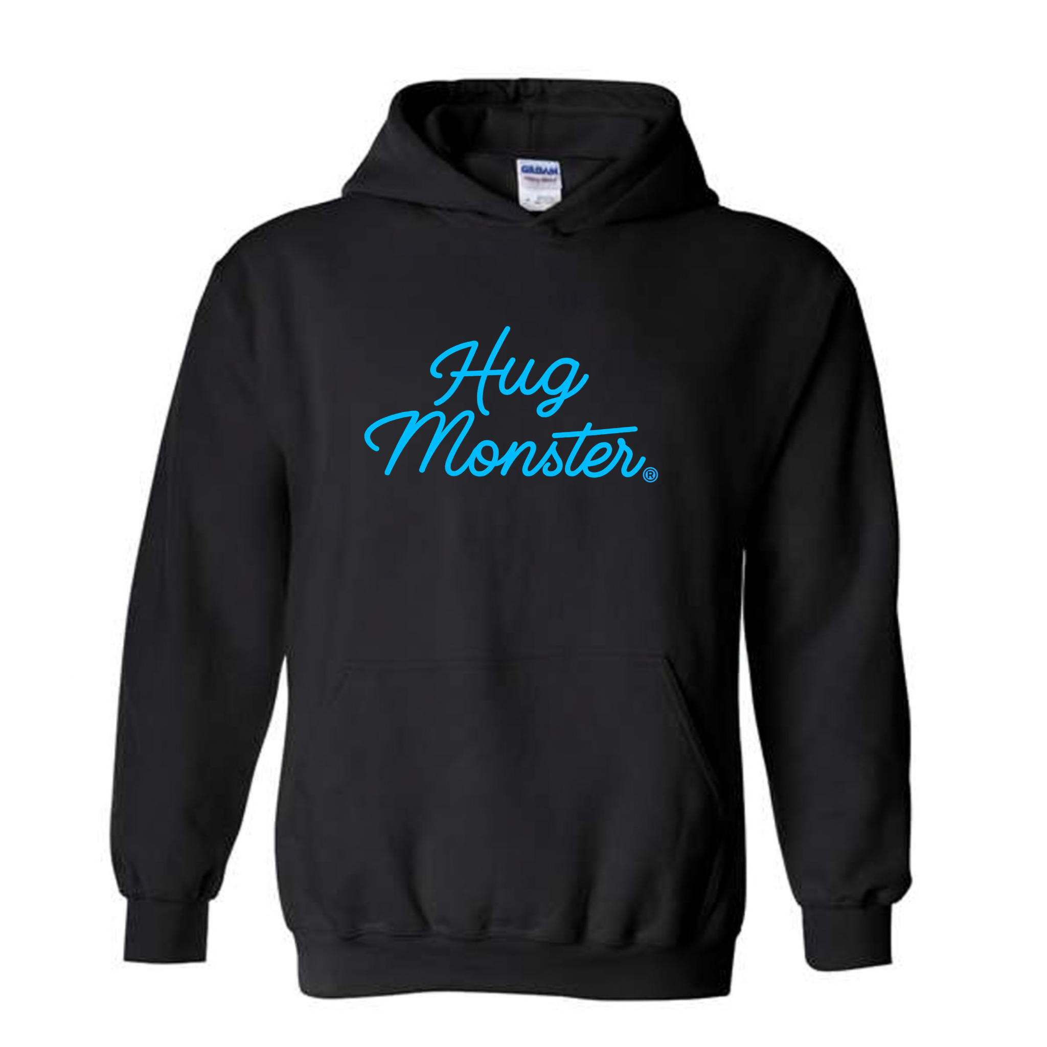 Hug Monster Stacked Classic Blue Cursive graphic hoodie in Black cozy fleece positive message sweatshirt