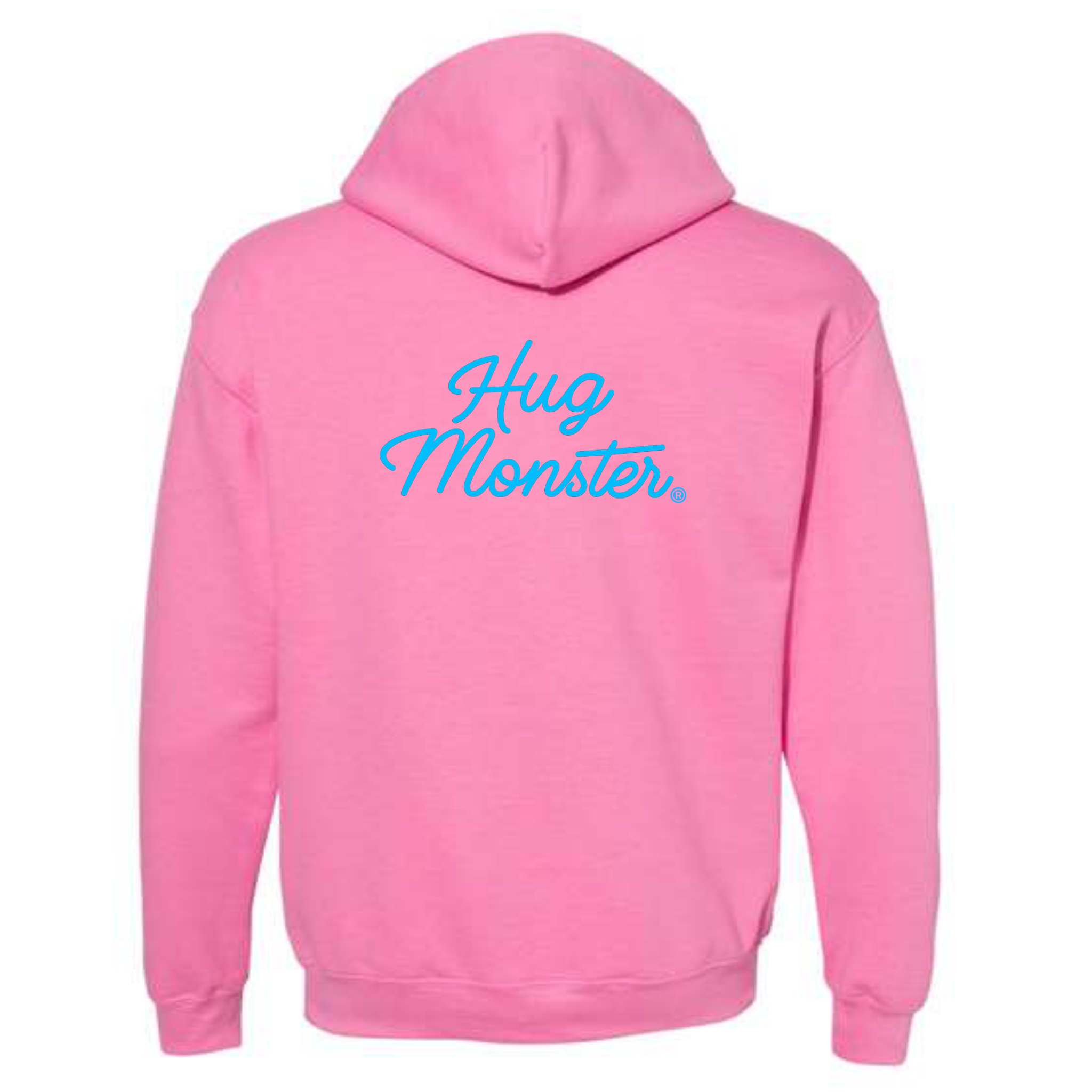 Hug Monster Stacked Classic Blue Cursive graphic hoodie in Bright Soft Rose Pink cozy fleece positive message sweatshirt