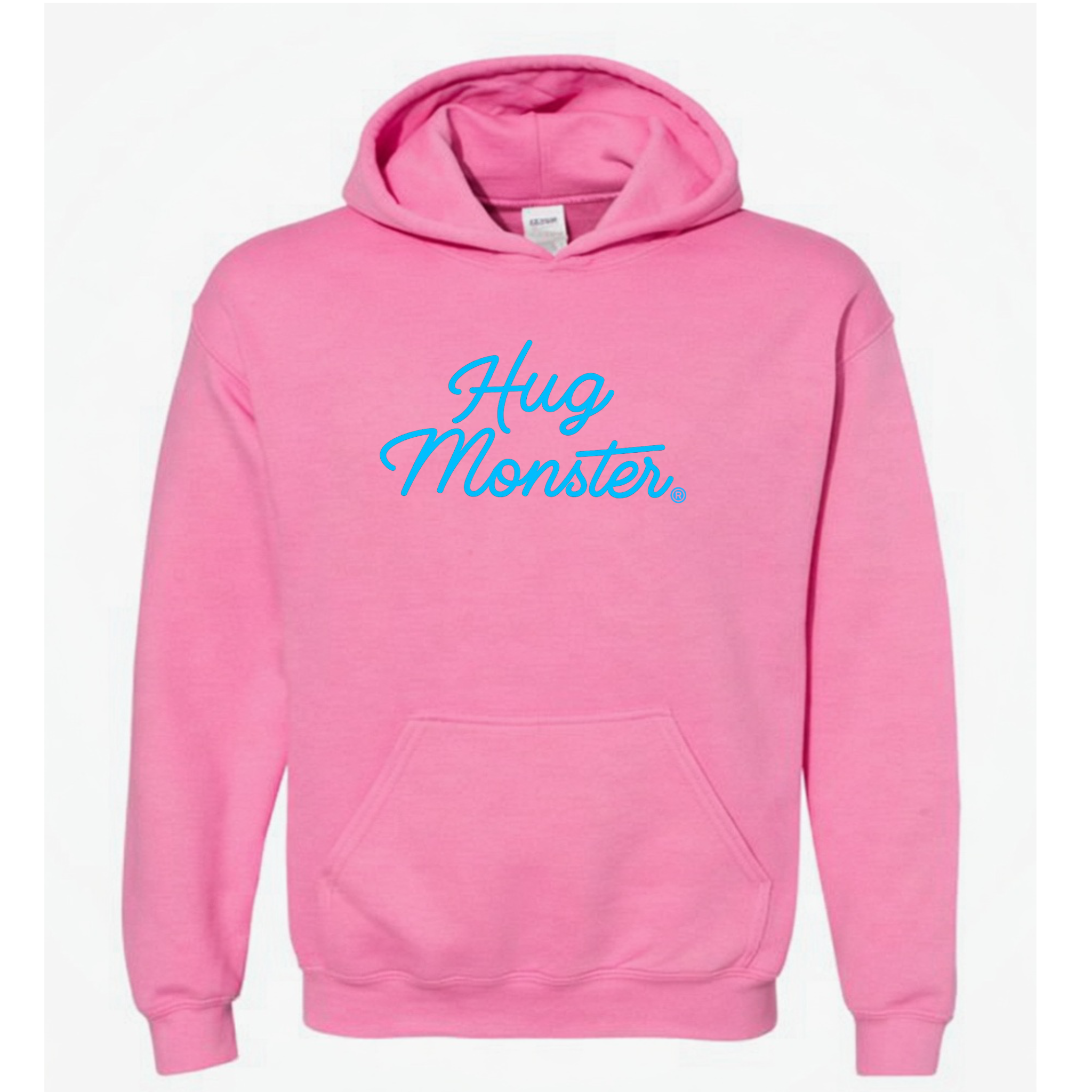 Hug Monster Stacked Classic Blue Cursive graphic hoodie in Bright Soft Rose Pink cozy fleece positive message sweatshirt