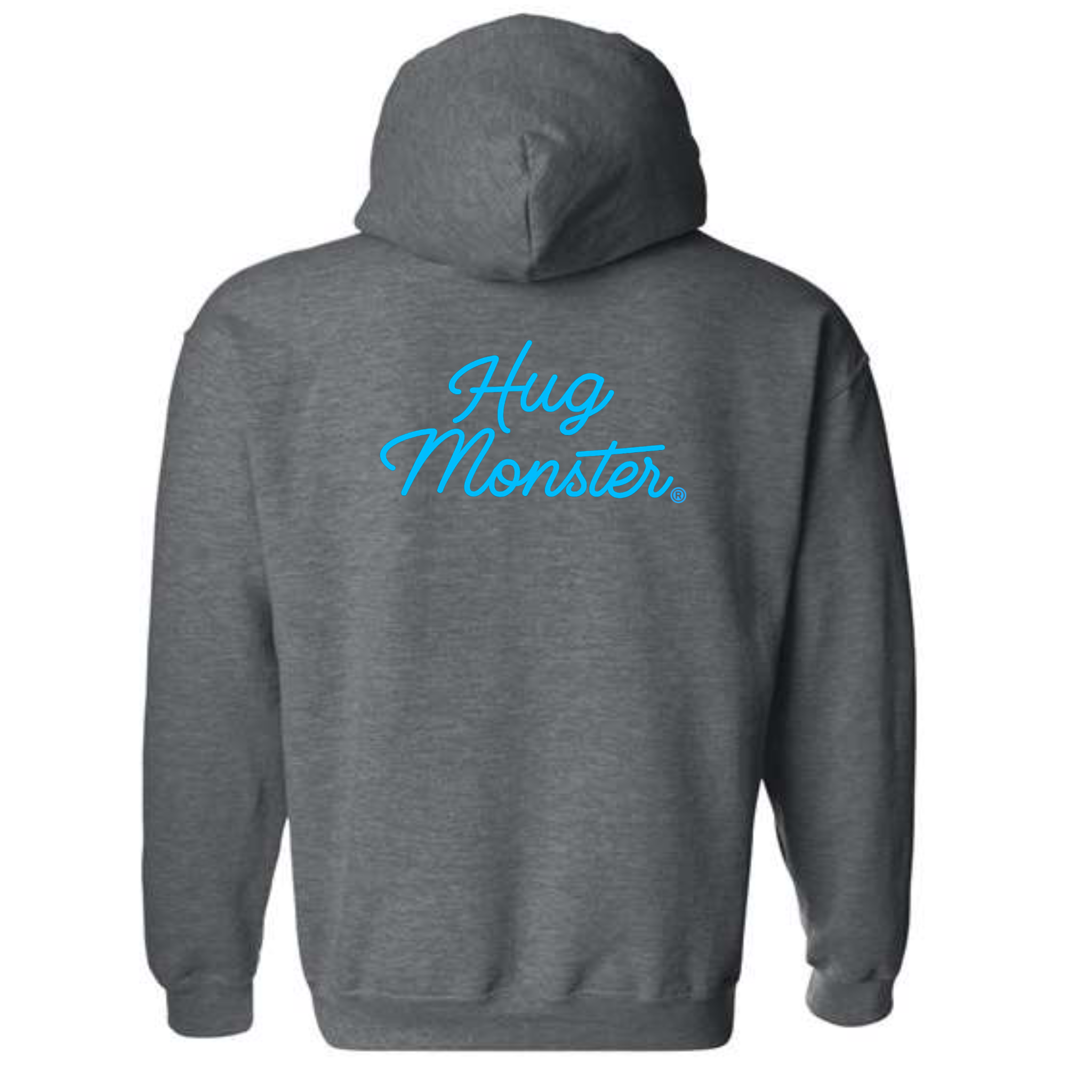 Hug Monster Stacked Classic Blue Cursive graphic hoodie in Dark Heather Grey cozy fleece positive message sweatshirt