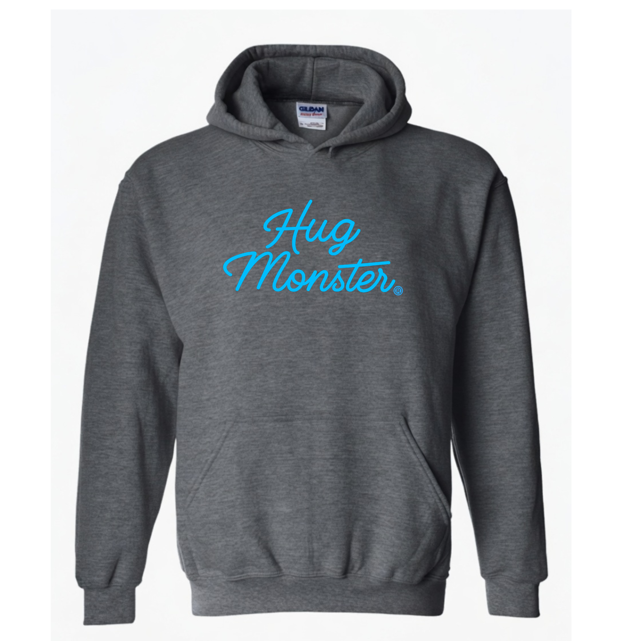 Hug Monster Stacked Classic Blue Cursive graphic hoodie in Dark Heather Grey cozy fleece positive message sweatshirt