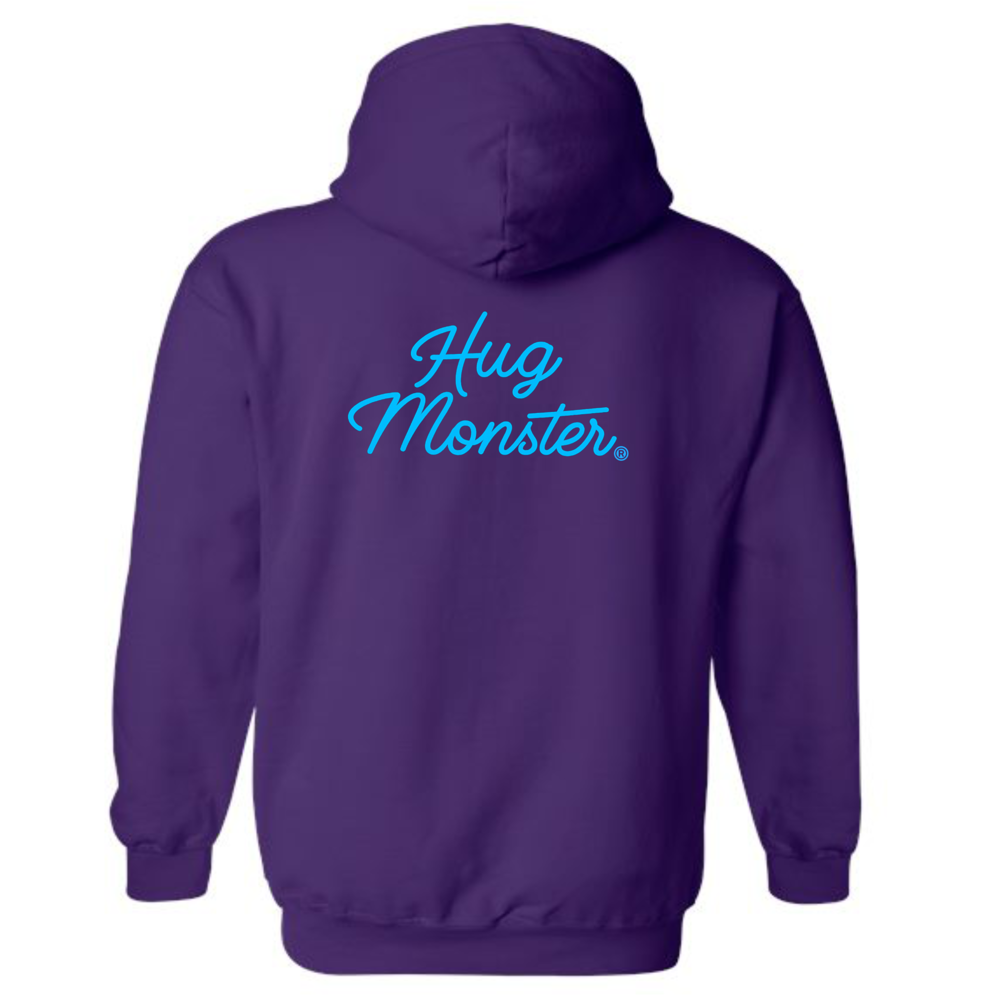 Hug Monster Stacked Classic Blue Cursive graphic hoodie in Purple cozy fleece positive message sweatshirt