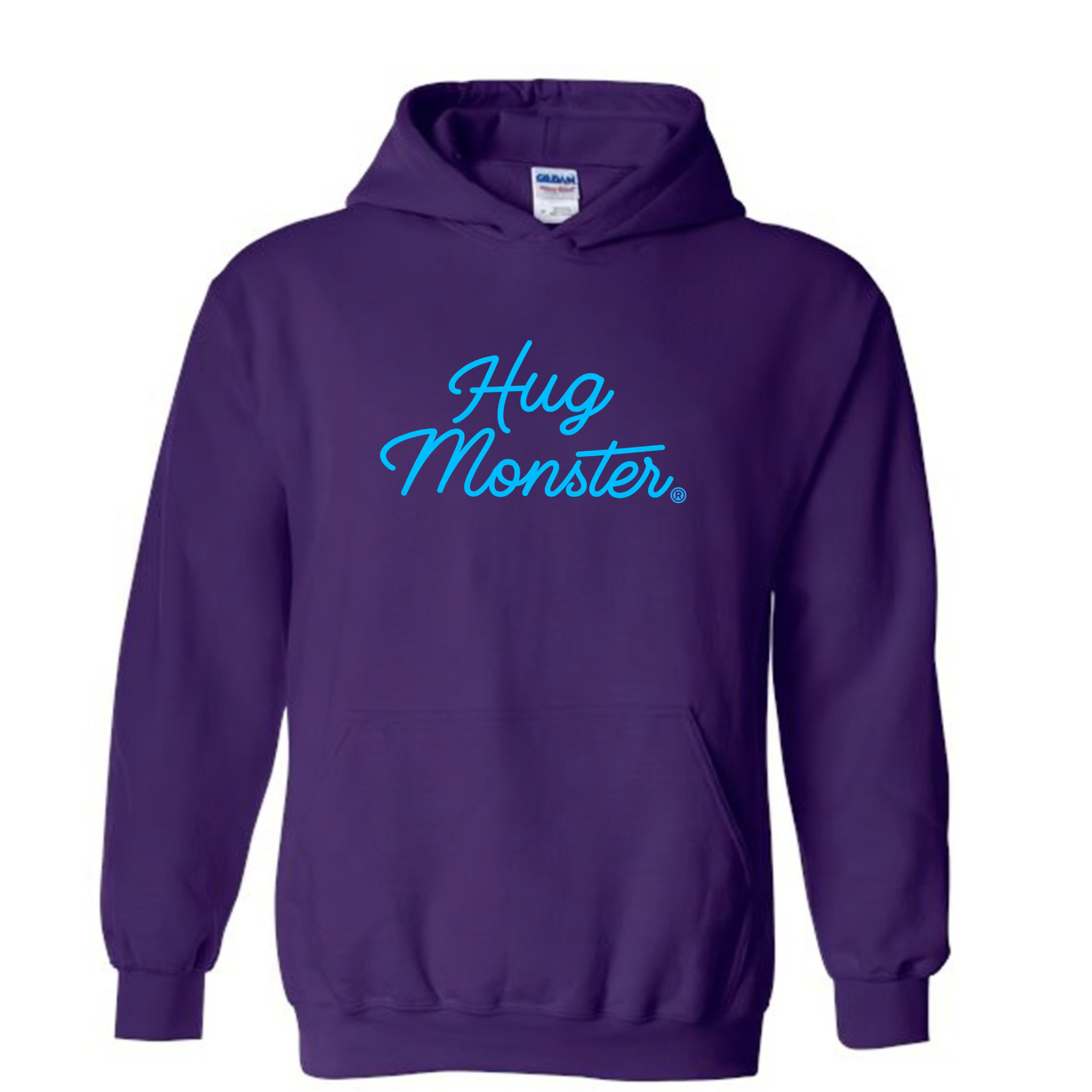 Hug Monster Stacked Classic Blue Cursive graphic hoodie in Purple cozy fleece positive message sweatshirt