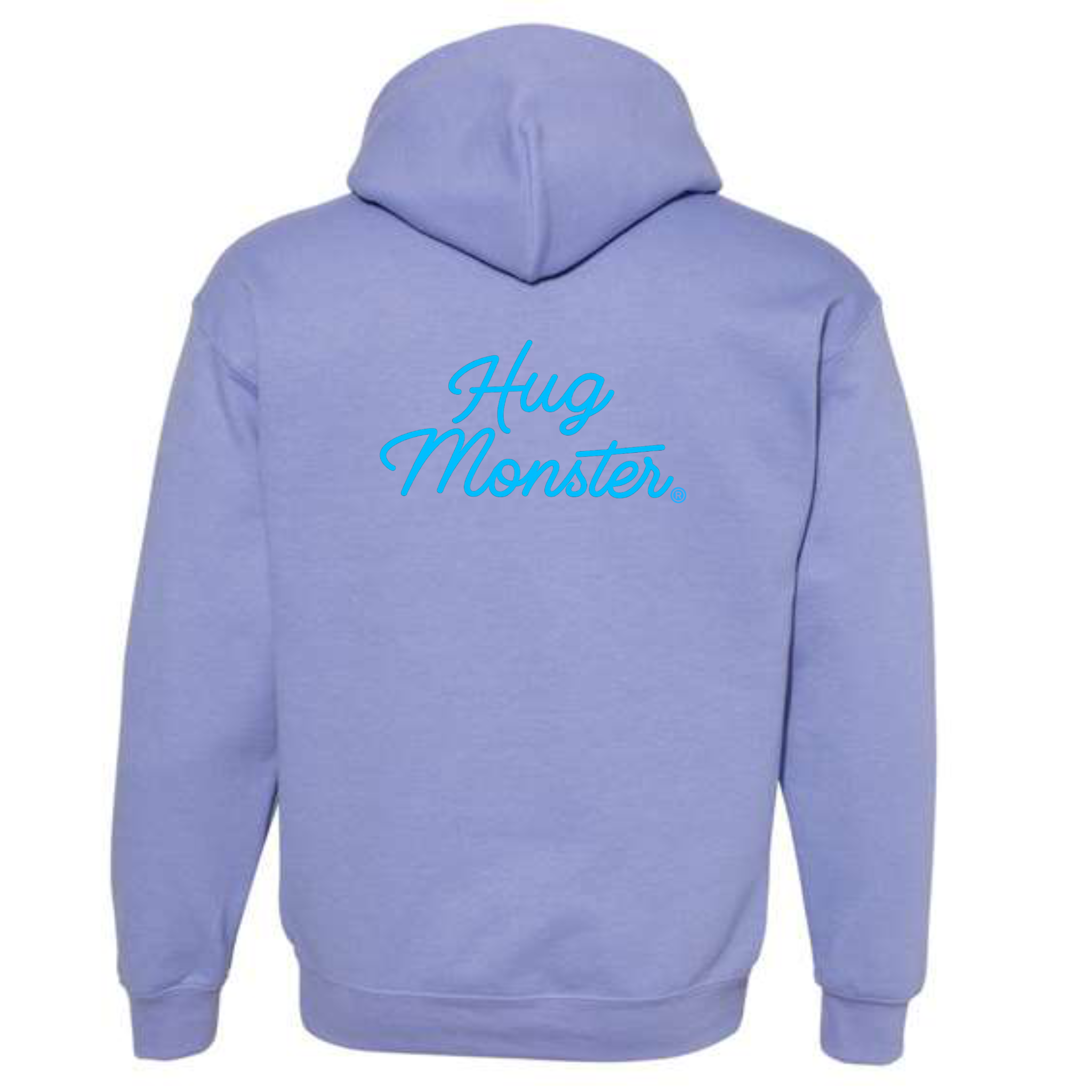 Hug Monster Stacked Classic Blue Cursive graphic hoodie in Violet cozy fleece positive message sweatshirt