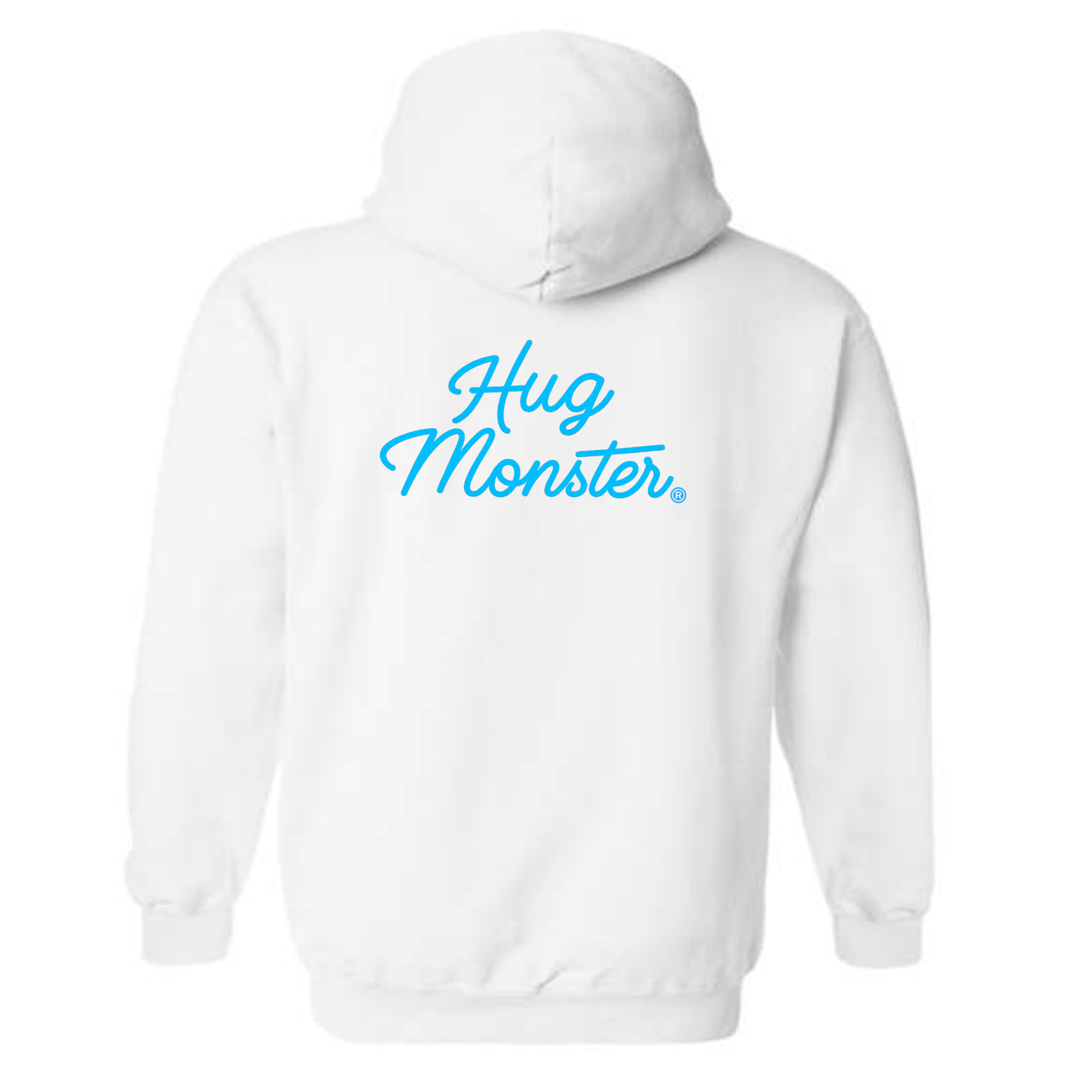 Hug Monster Stacked Classic Blue Cursive graphic hoodie in White cozy fleece positive message sweatshirt
