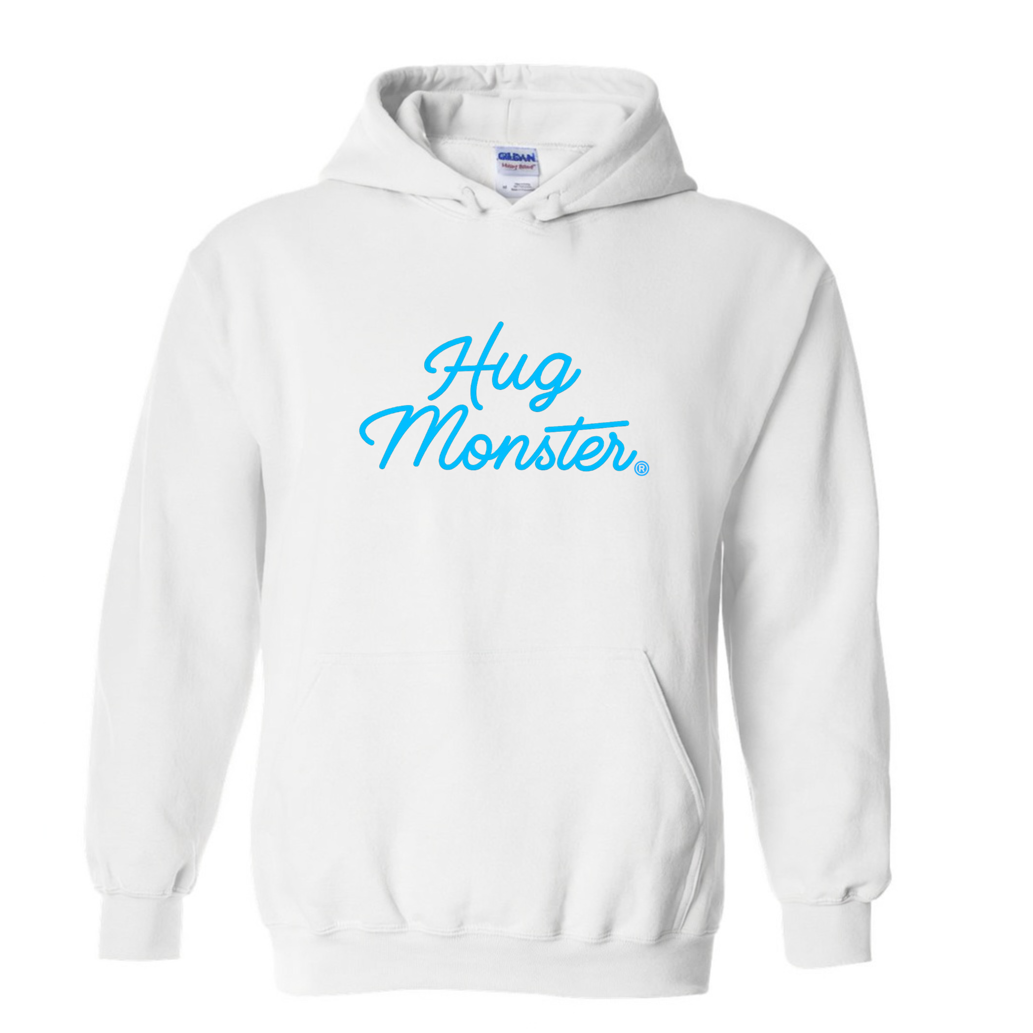 Hug Monster Stacked Classic Blue Cursive graphic hoodie in White cozy fleece positive message sweatshirt