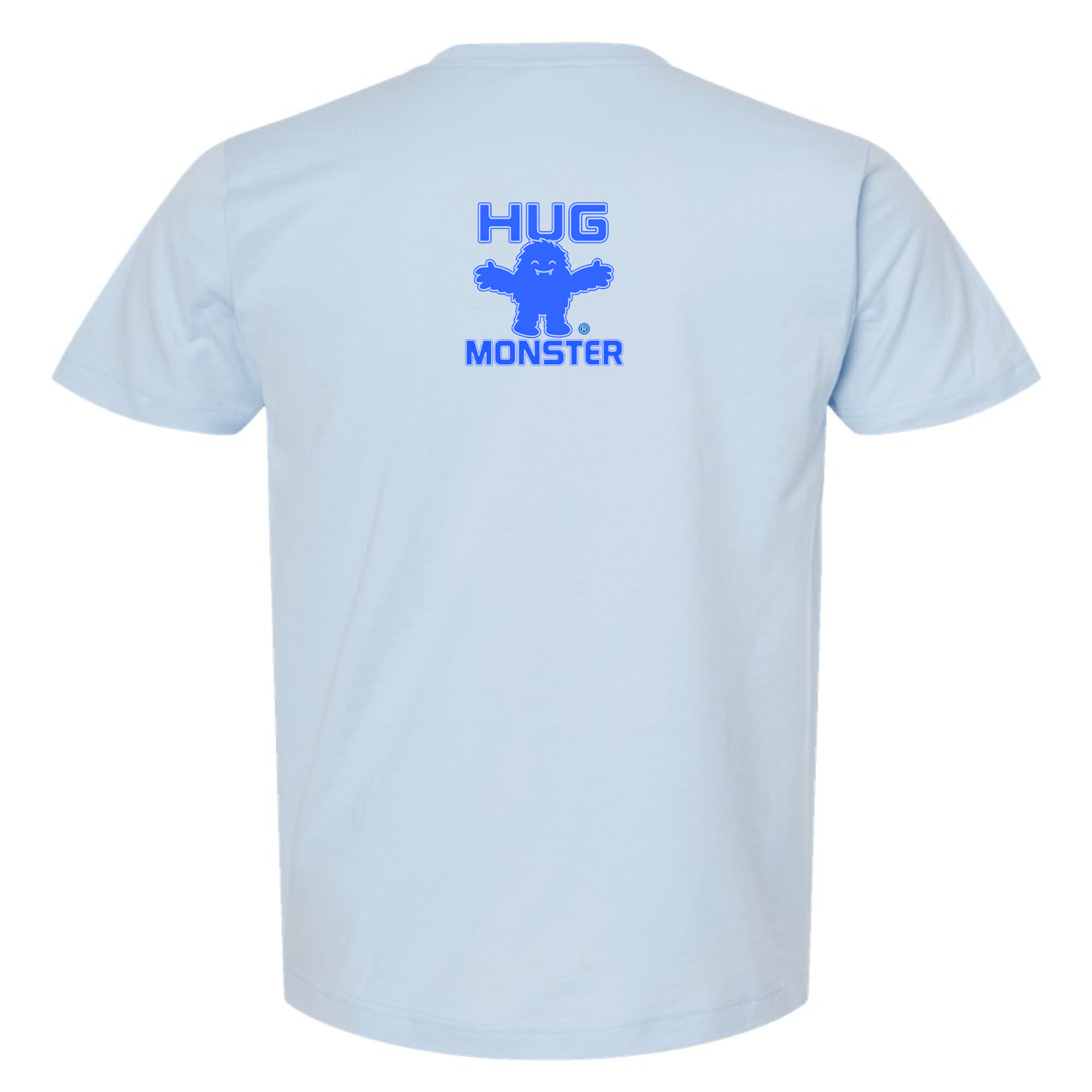 Hug Monster Tiny Retro Monster Hugs (Blue Logo)  T-Shirt - Positive Message Graphic Tee in Baby Blue – Back View