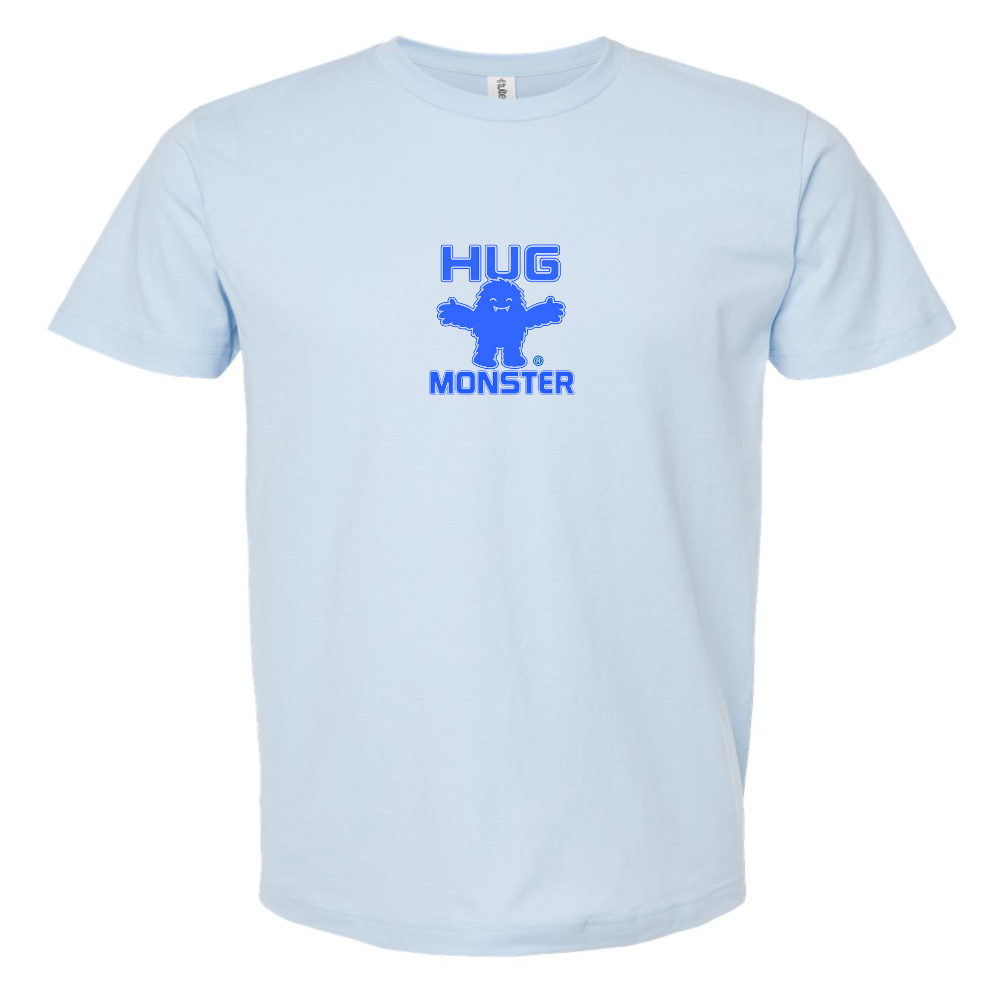 Hug Monster Tiny Retro Monster Hugs (Blue Logo)  T-Shirt - Positive Message Graphic Tee in Baby Blue – Front View