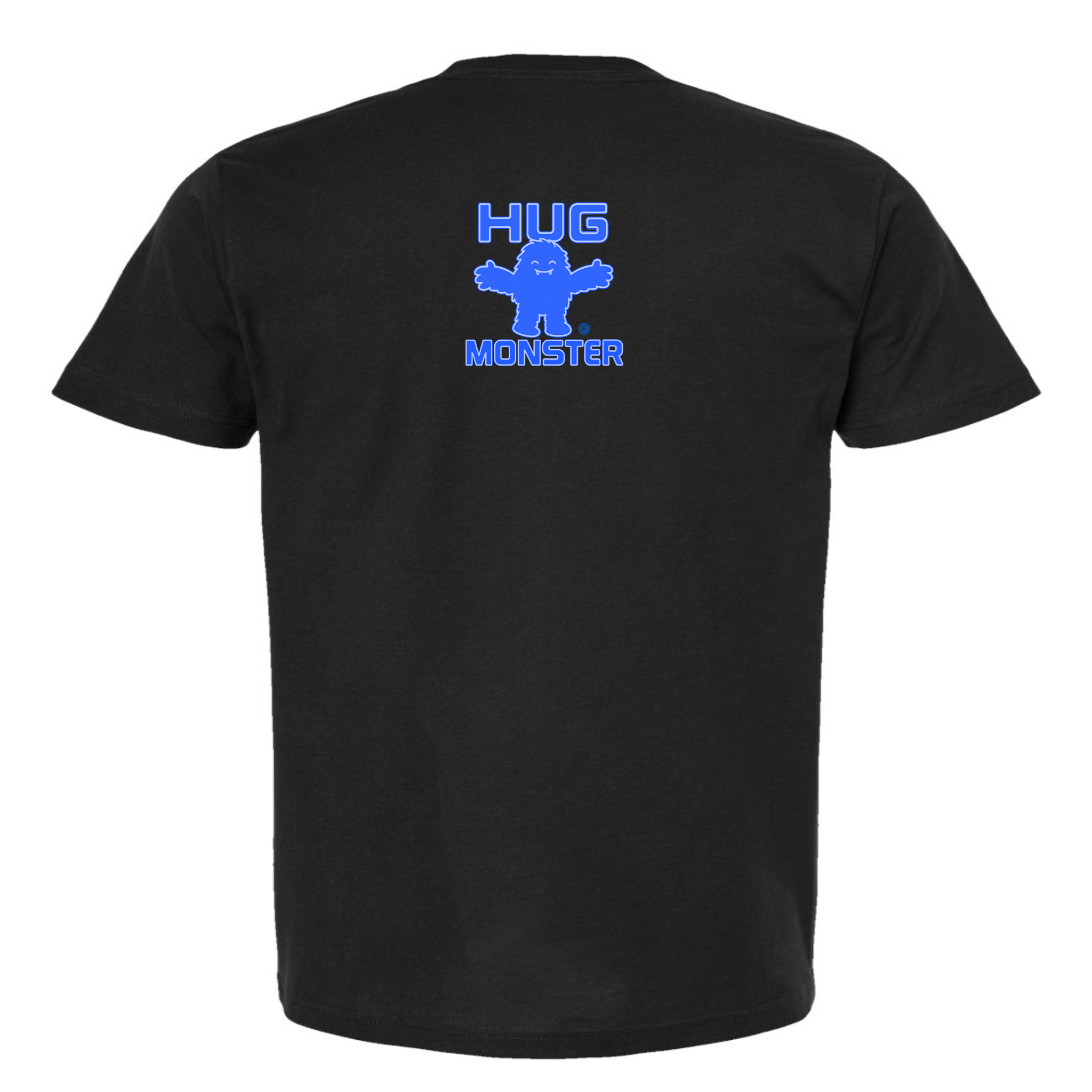 Hug Monster Tiny Retro Monster Hugs (Blue Logo)  T-Shirt - Positive Message Graphic Tee in Black – Back View