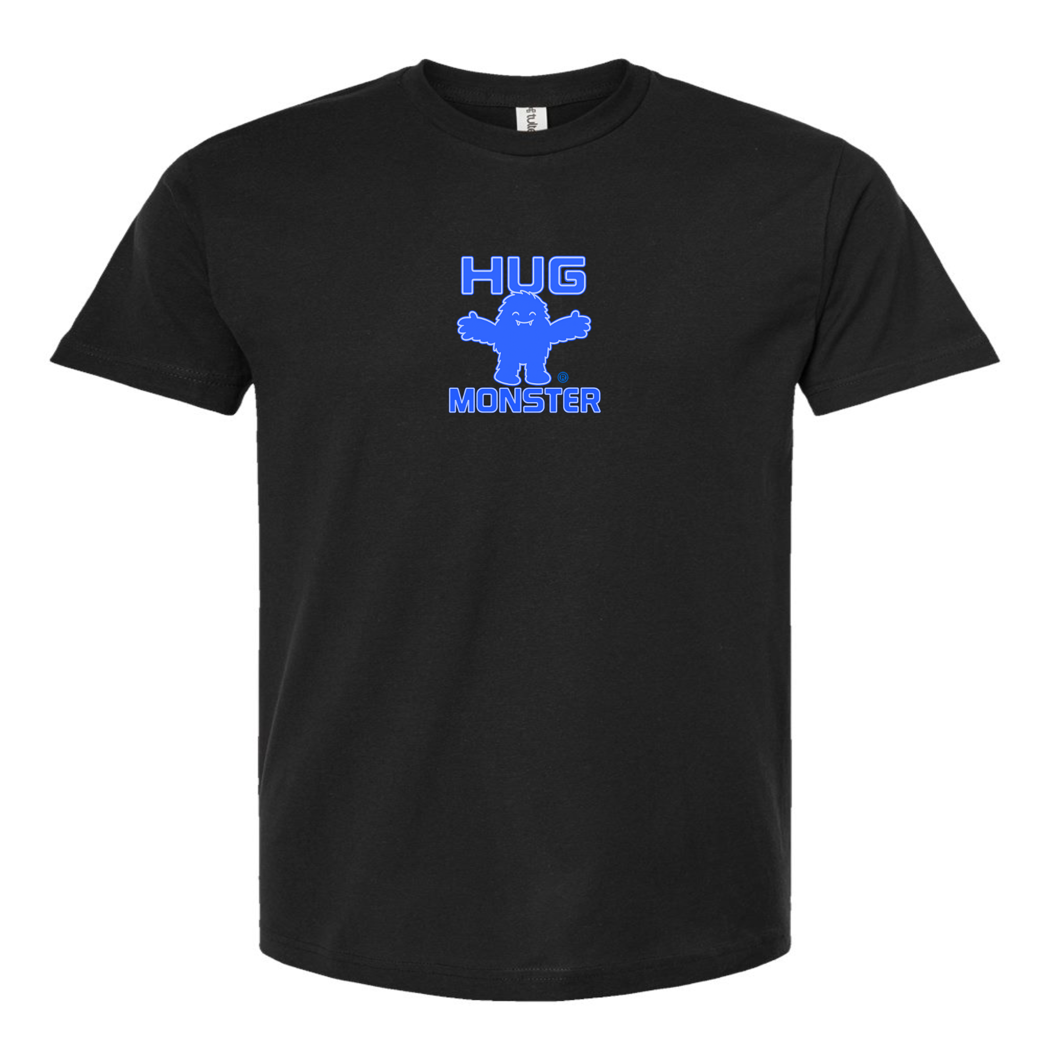 Hug Monster Tiny Retro Monster Hugs (Blue Logo)  T-Shirt - Positive Message Graphic Tee in Black – Front View