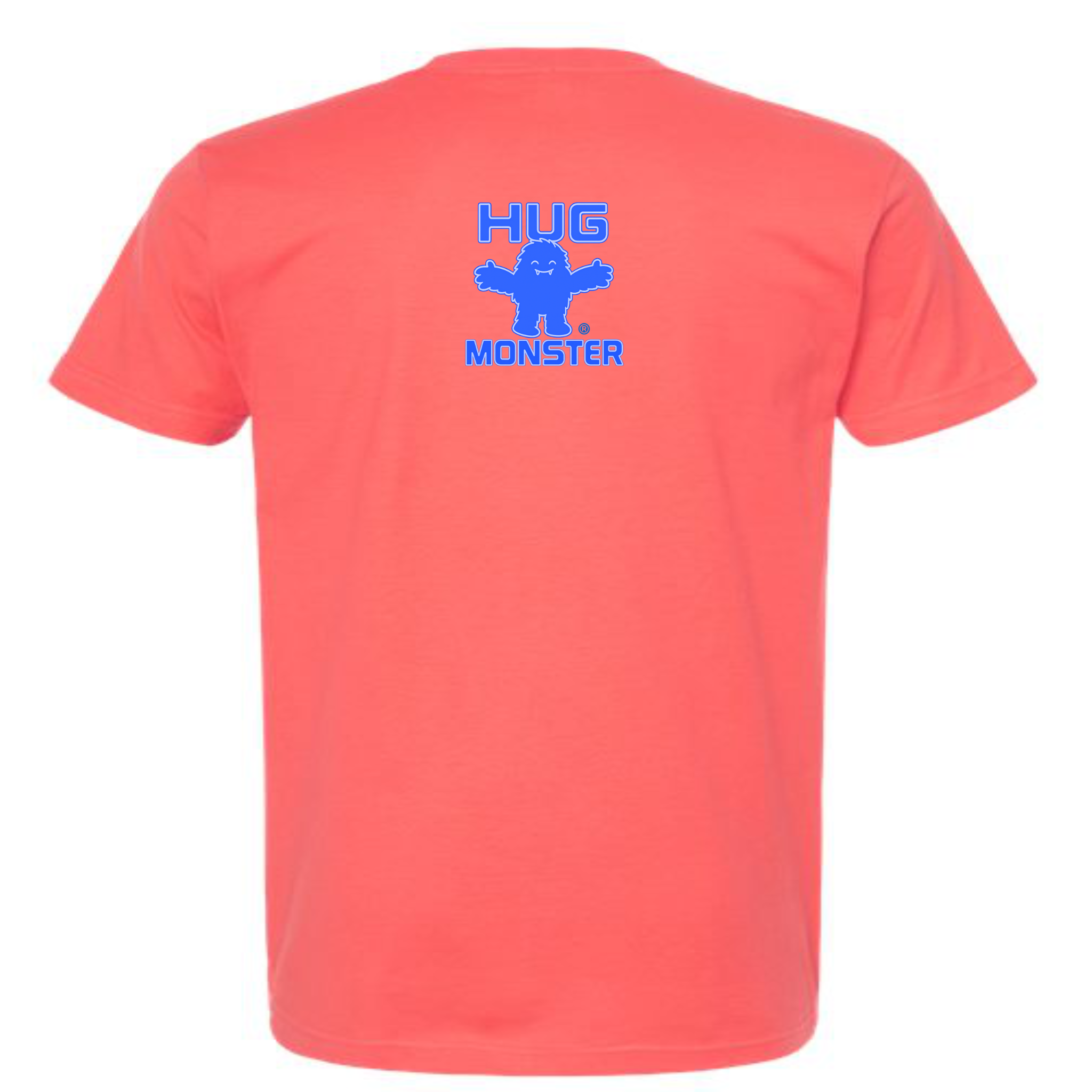 Hug Monster Tiny Retro Monster Hugs (Blue Logo)  T-Shirt - Positive Message Graphic Tee in Bright Coral – Back View