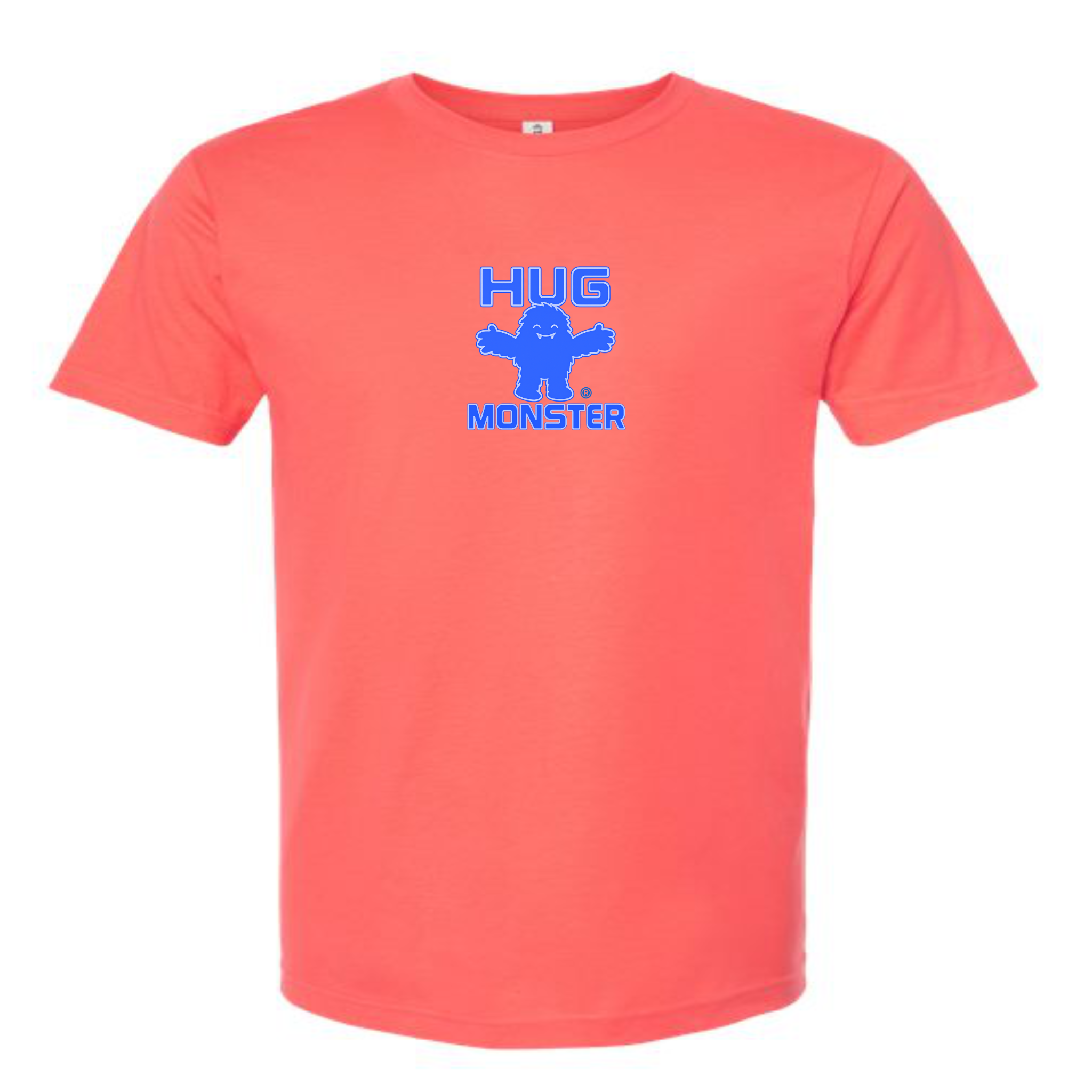 Hug Monster Tiny Retro Monster Hugs (Blue Logo)  T-Shirt - Positive Message Graphic Tee in Bright Coral – Front View