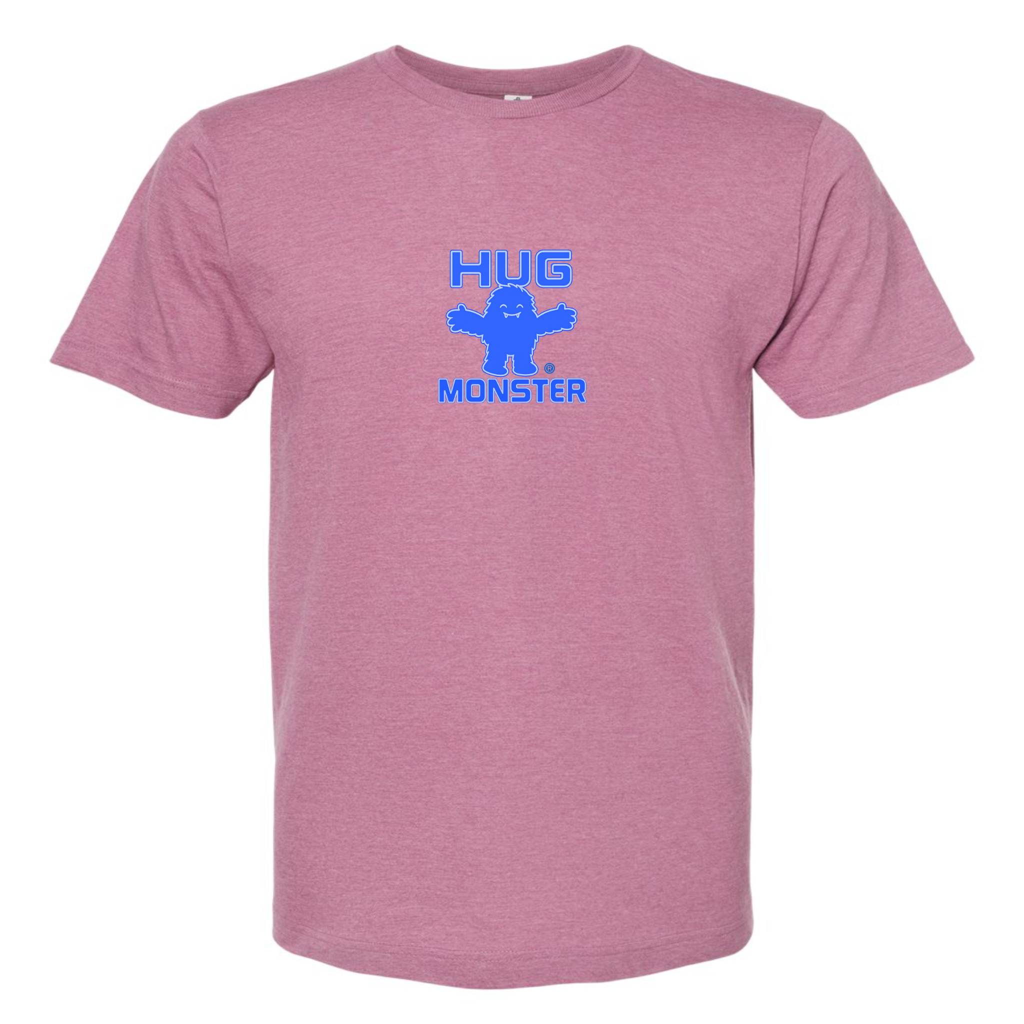 Hug Monster Tiny Retro Monster Hugs (Blue Logo)  T-Shirt in Heather Dusty Rose Pink – Front View