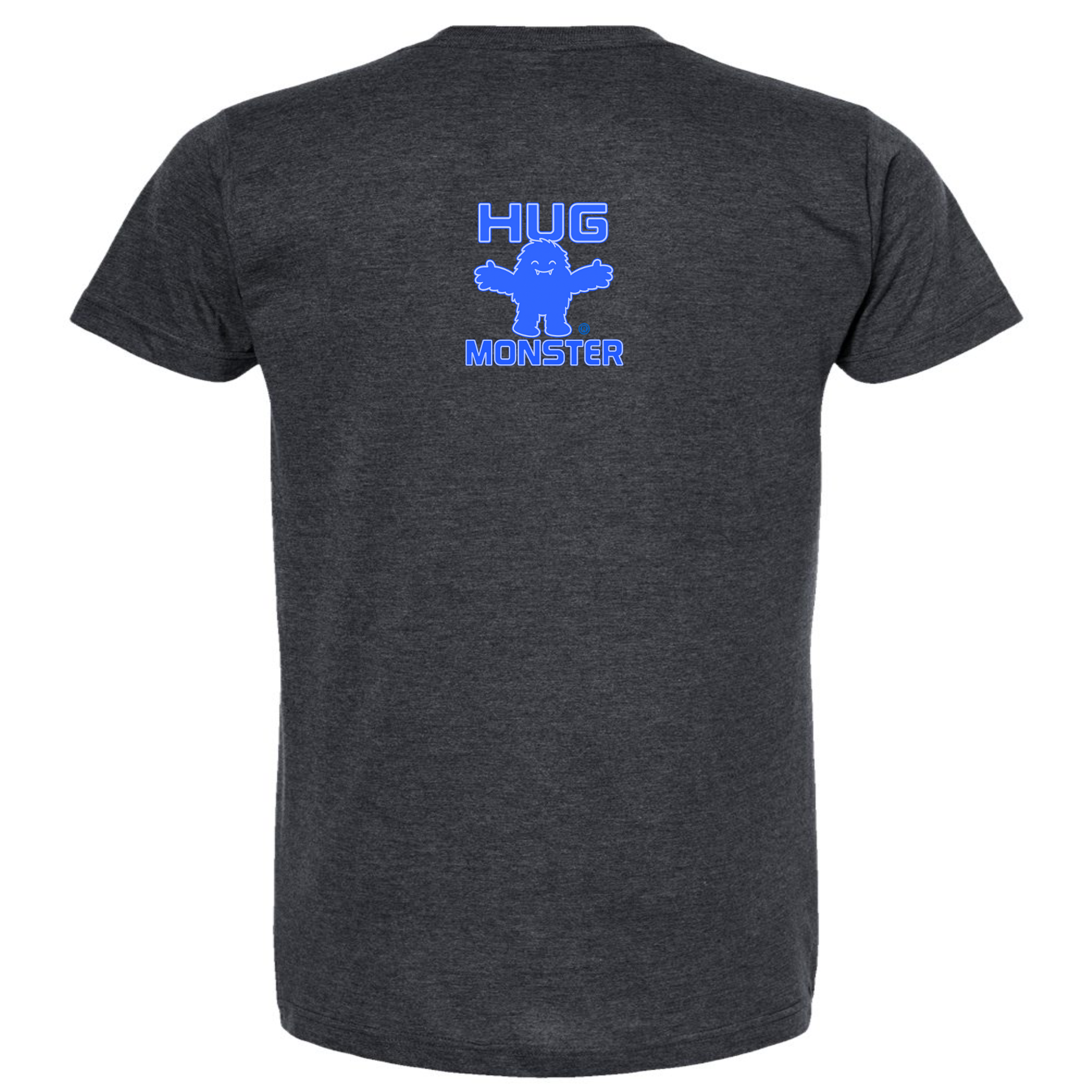 Hug Monster Tiny Retro Monster Hugs (Blue Logo)  T-Shirt - Positive Message Graphic Tee in Heather Graphite – Back View