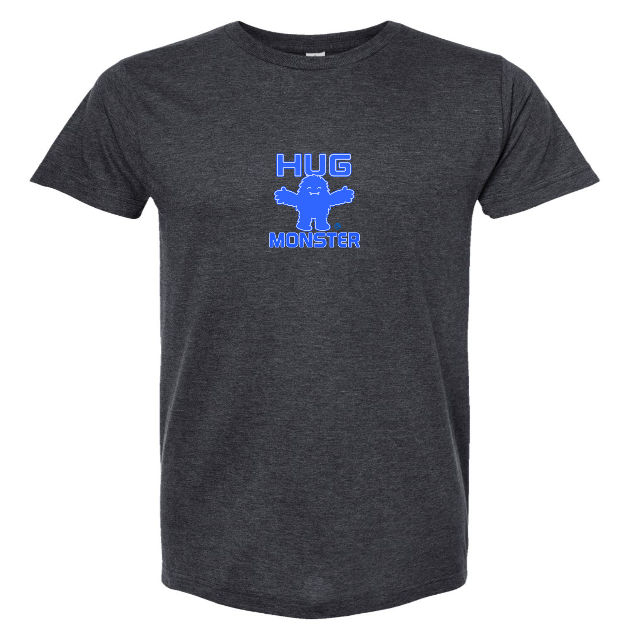 Hug Monster Tiny Retro Monster Hugs (Blue Logo)  T-Shirt - Positive Message Graphic Tee in Heather Graphite – Front View