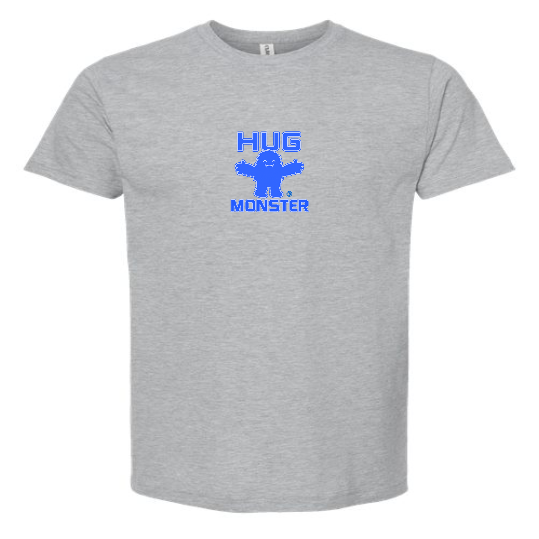 Hug Monster Tiny Retro Monster Hugs (Blue Logo)  T-Shirt - Positive Message Graphic Tee in Heather Grey – Front View