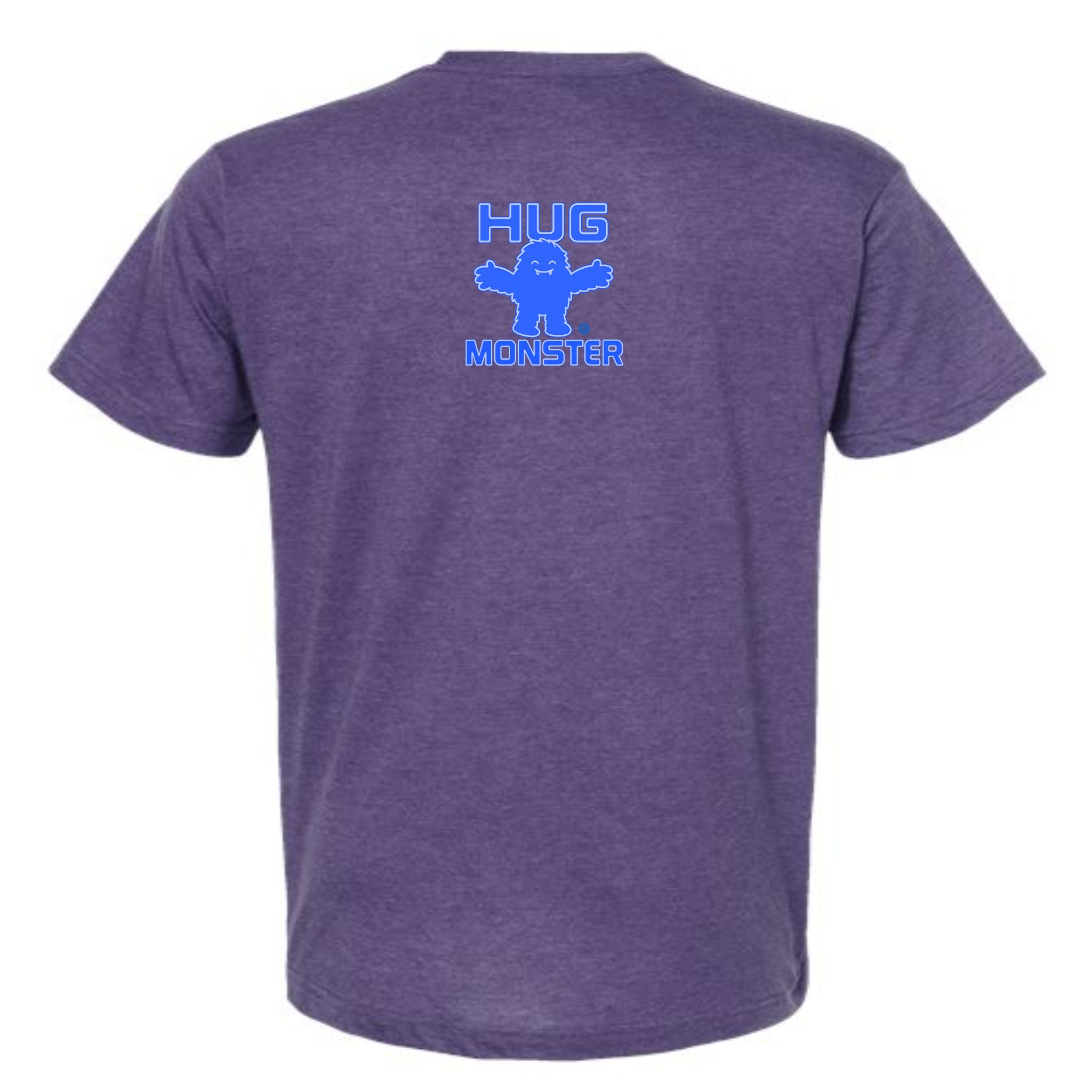 Hug Monster Tiny Retro Monster Hugs (Blue Logo)  T-Shirt - Positive Message Graphic Tee in Heather Purple – Back View