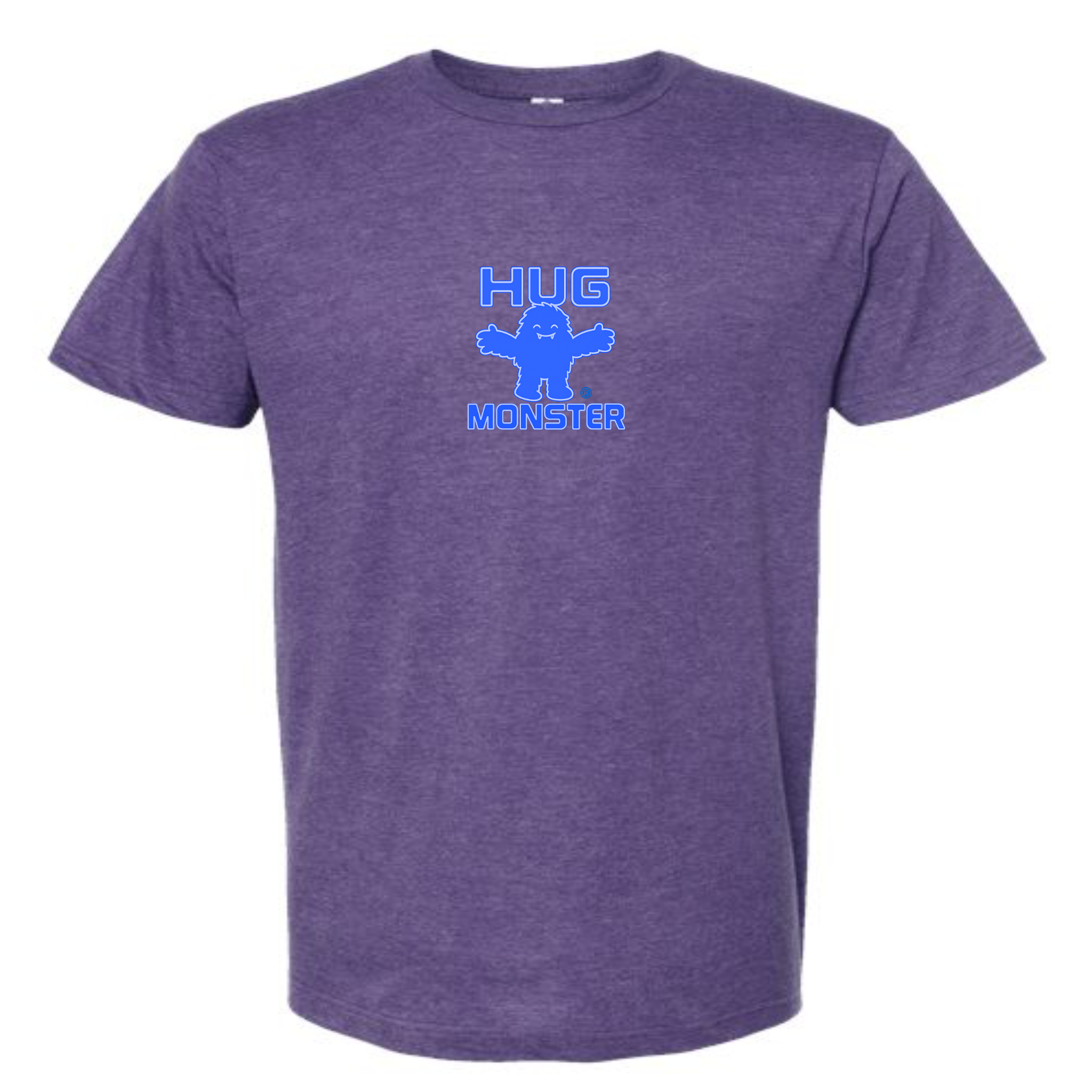 Hug Monster Tiny Retro Monster Hugs (Blue Logo)  T-Shirt - Positive Message Graphic Tee in Heather Purple – Front View