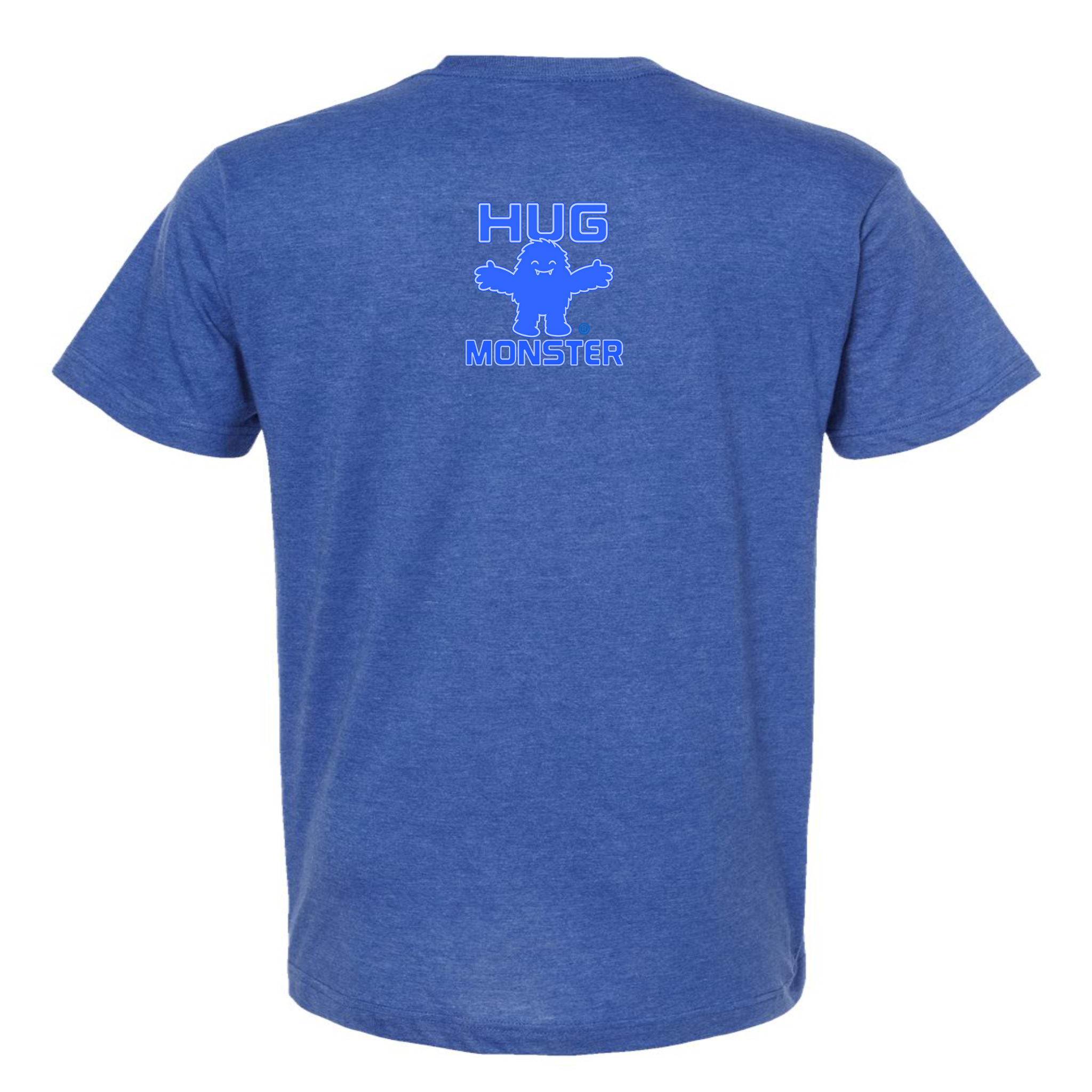 Hug Monster Tiny Retro Monster Hugs (Blue Logo)  T-Shirt - Positive Message Graphic Tee in Heather Royal Blue – Back View