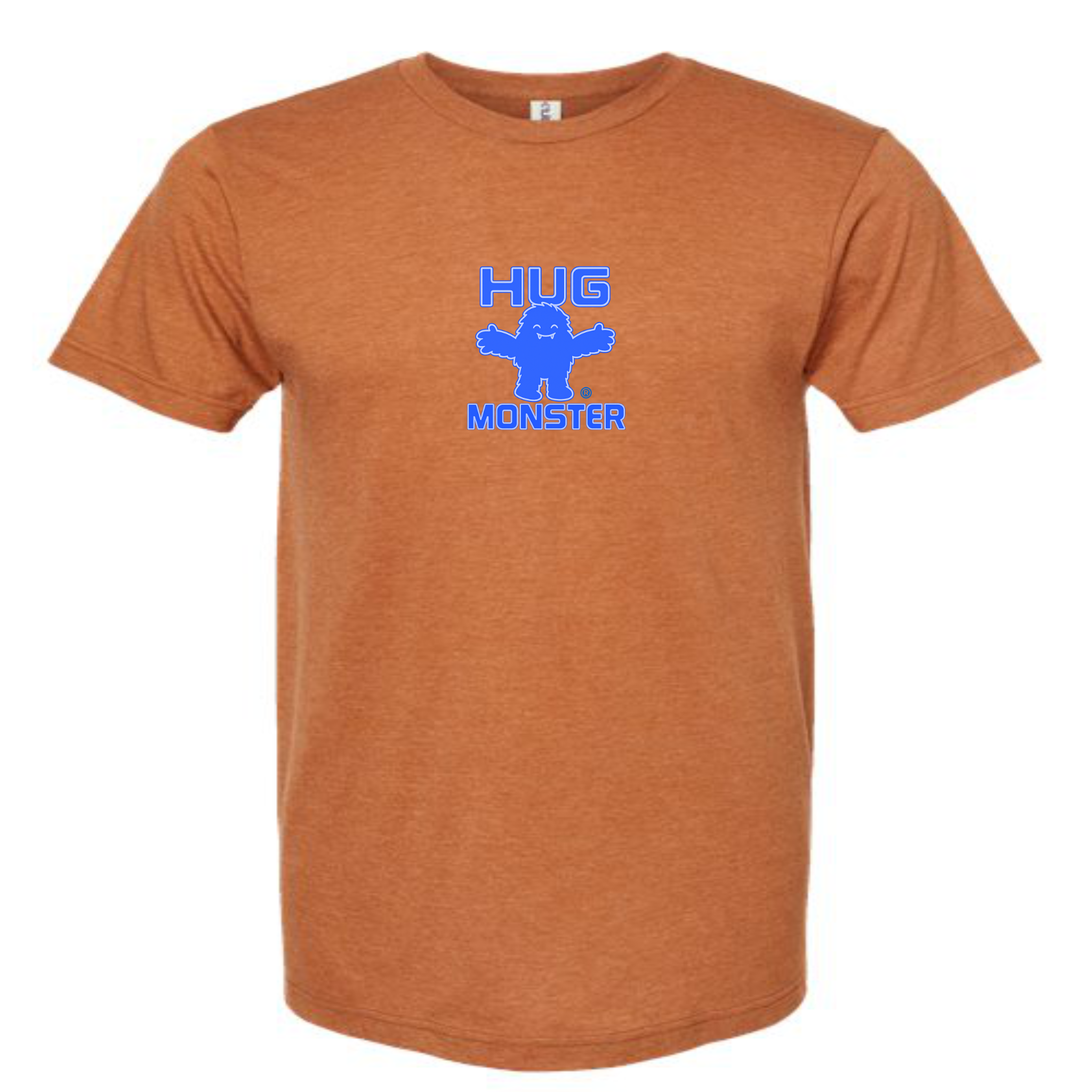Hug Monster Tiny Retro Monster Hugs (Blue Logo)  T-Shirt - Positive Message Graphic Tee in Heather Rust – Front View