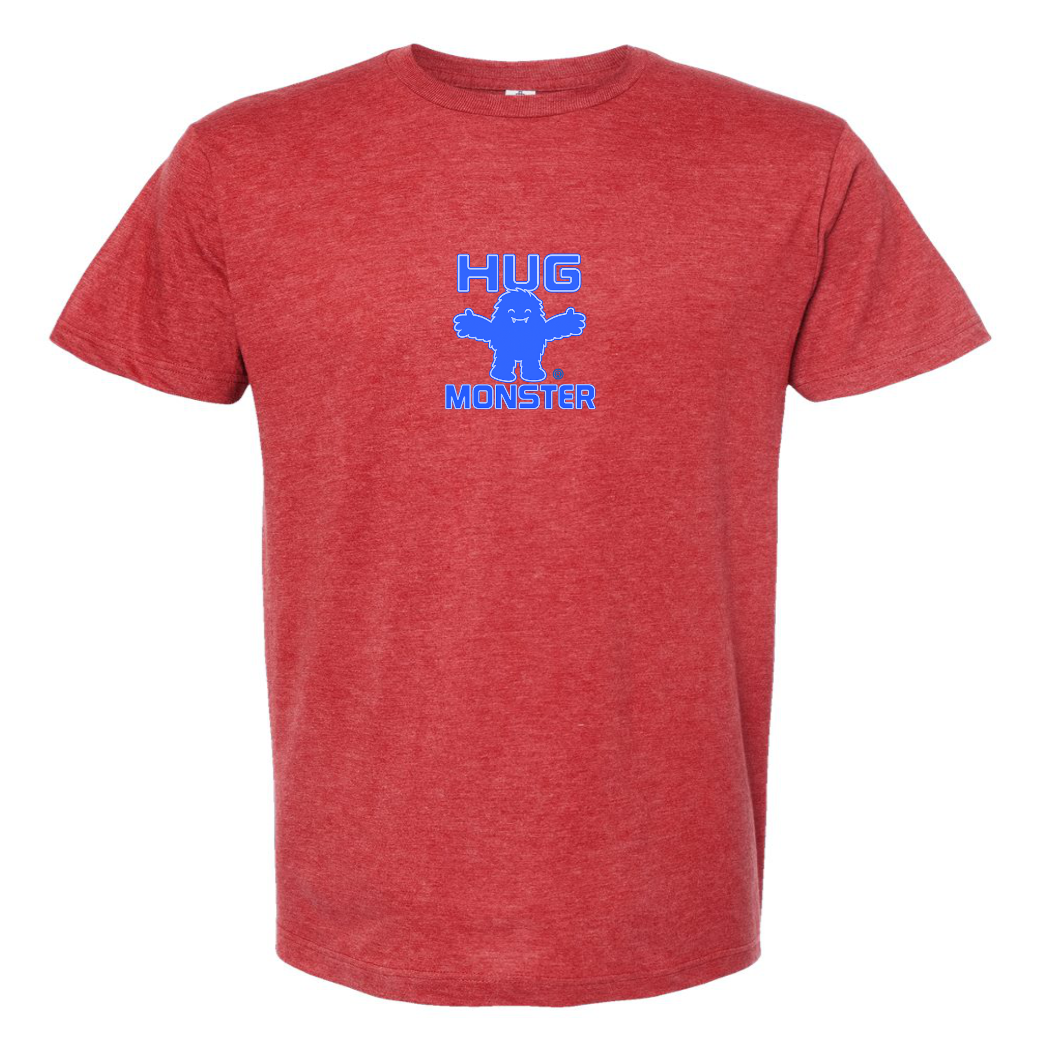 Hug Monster Tiny Retro Monster Hugs (Blue Logo)  T-Shirt - Positive Message Graphic Tee in Heather Scarlet Red – Front View