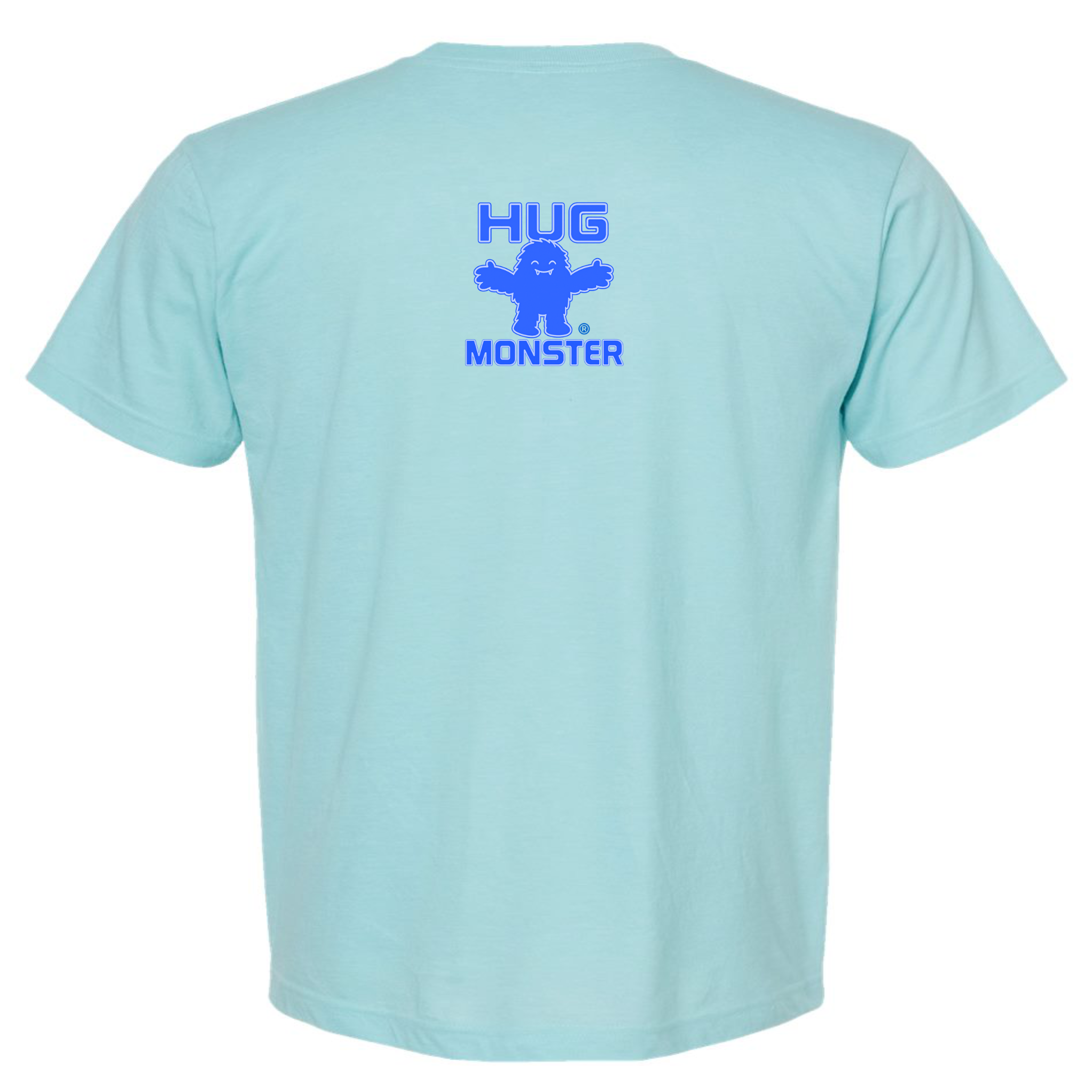 Hug Monster Tiny Retro Monster Hugs (Blue Logo)  T-Shirt - Positive Message Graphic Tee in Heather Turquoise – Back View