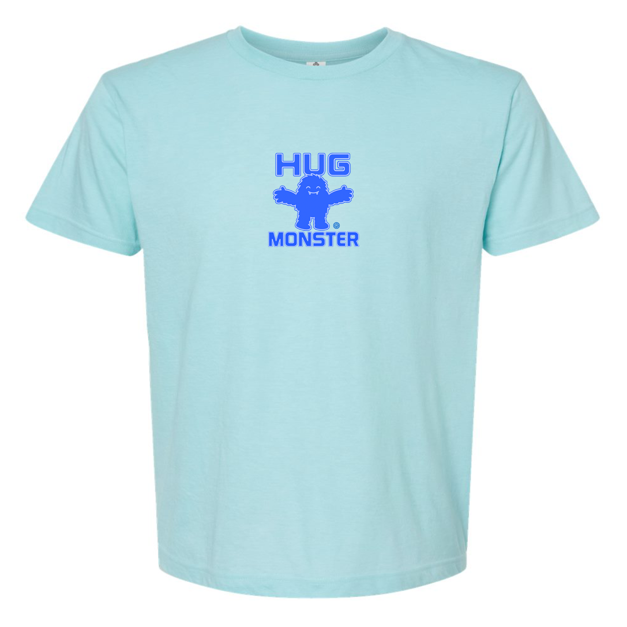 Hug Monster Tiny Retro Monster Hugs (Blue Logo)  T-Shirt - Positive Message Graphic Tee in Heather Turquoise – Front View