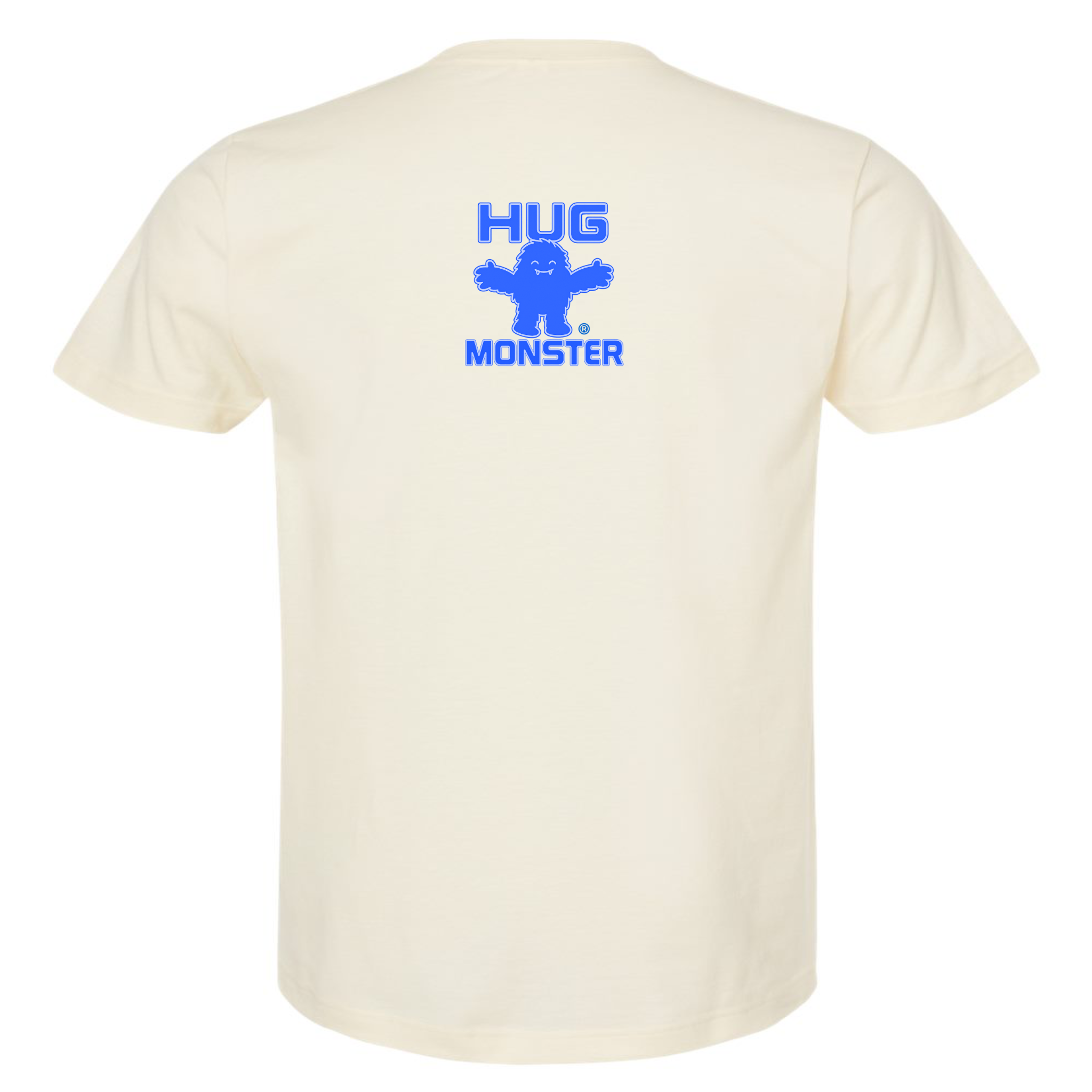 Hug Monster Tiny Retro Monster Hugs (Blue Logo)  T-Shirt - Positive Message Graphic Tee in Natural – Back View