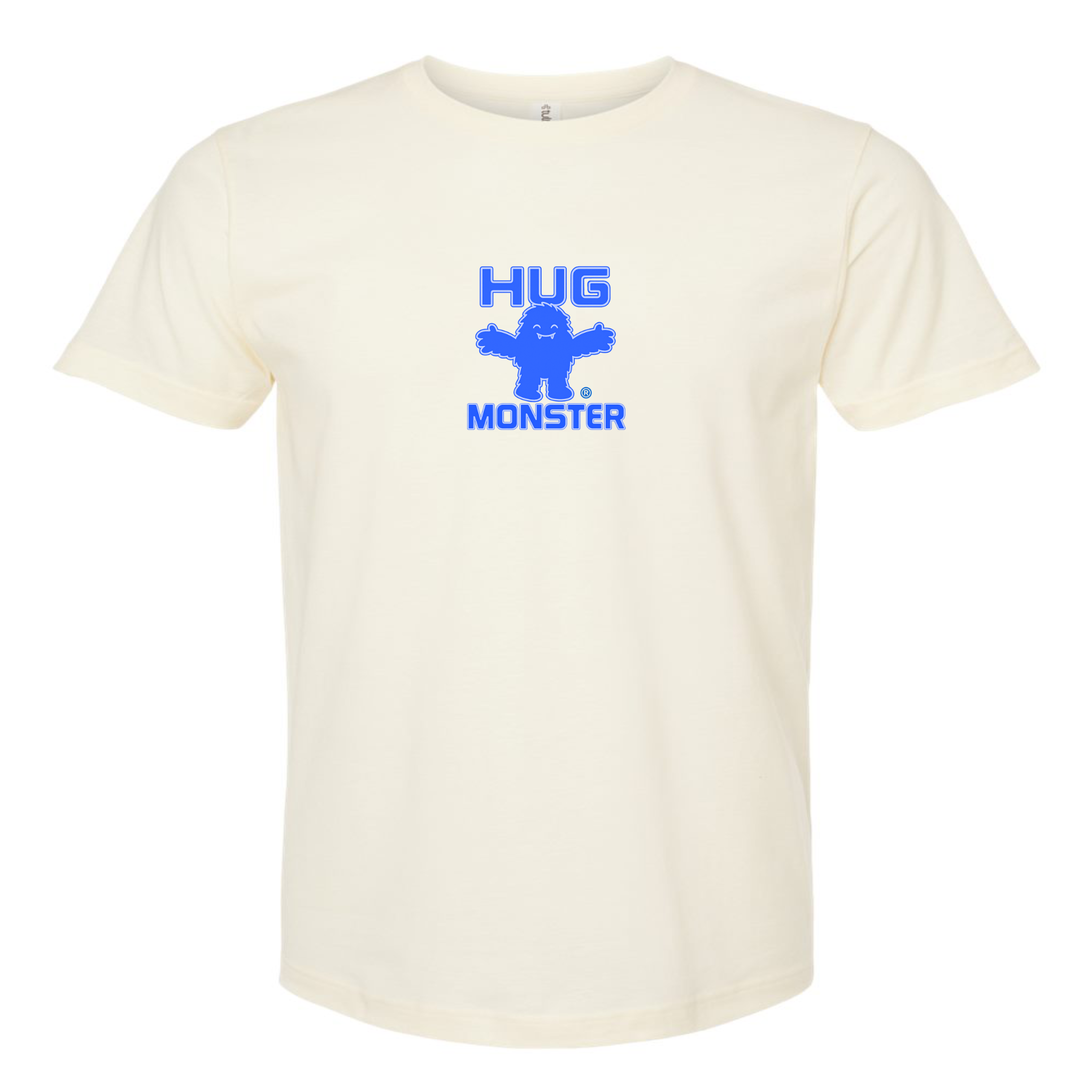 Hug Monster Tiny Retro Monster Hugs (Blue Logo)  T-Shirt - Positive Message Graphic Tee in Natural – Front View