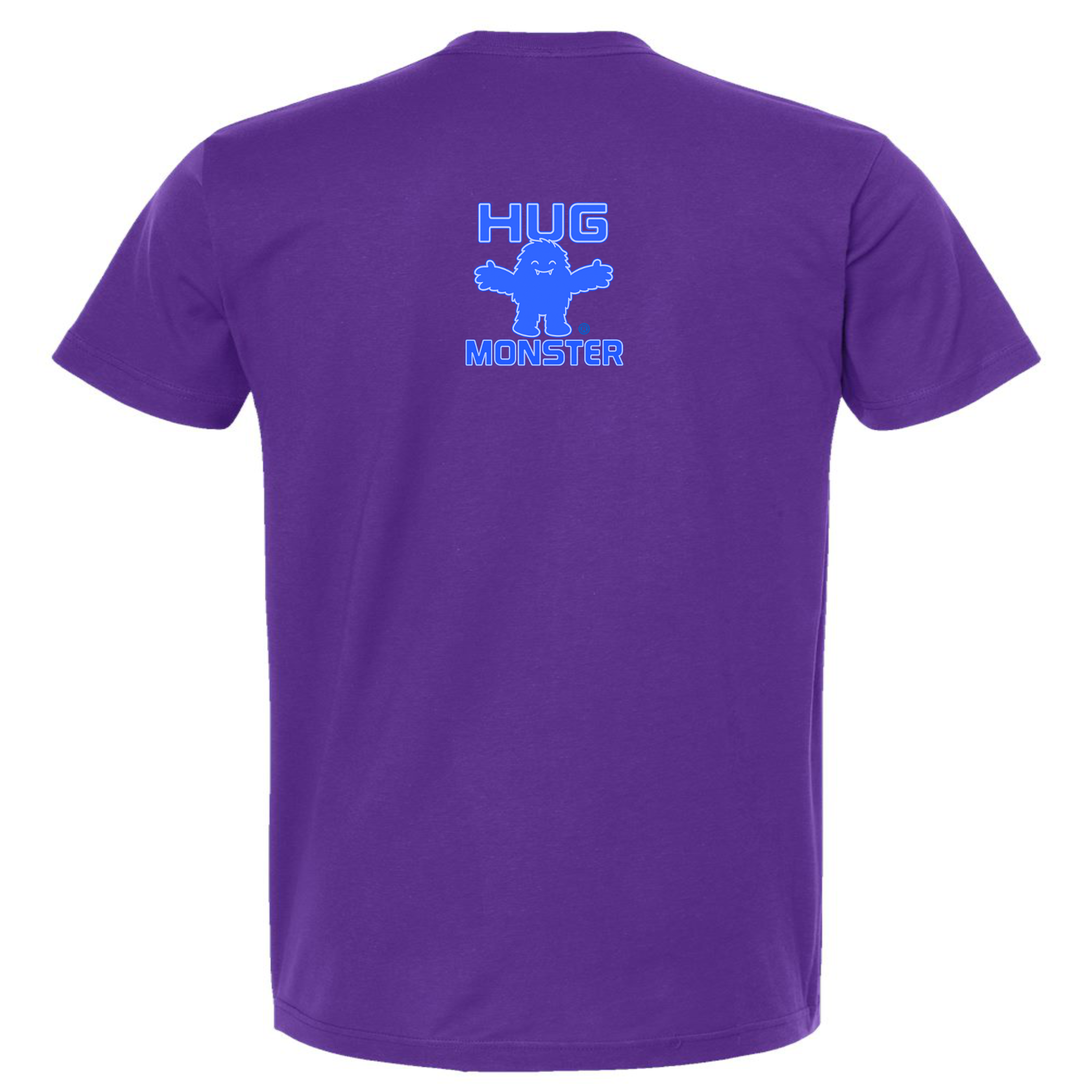 Hug Monster Tiny Retro Monster Hugs (Blue Logo)  T-Shirt - Positive Message Graphic Tee in Purple – Back View