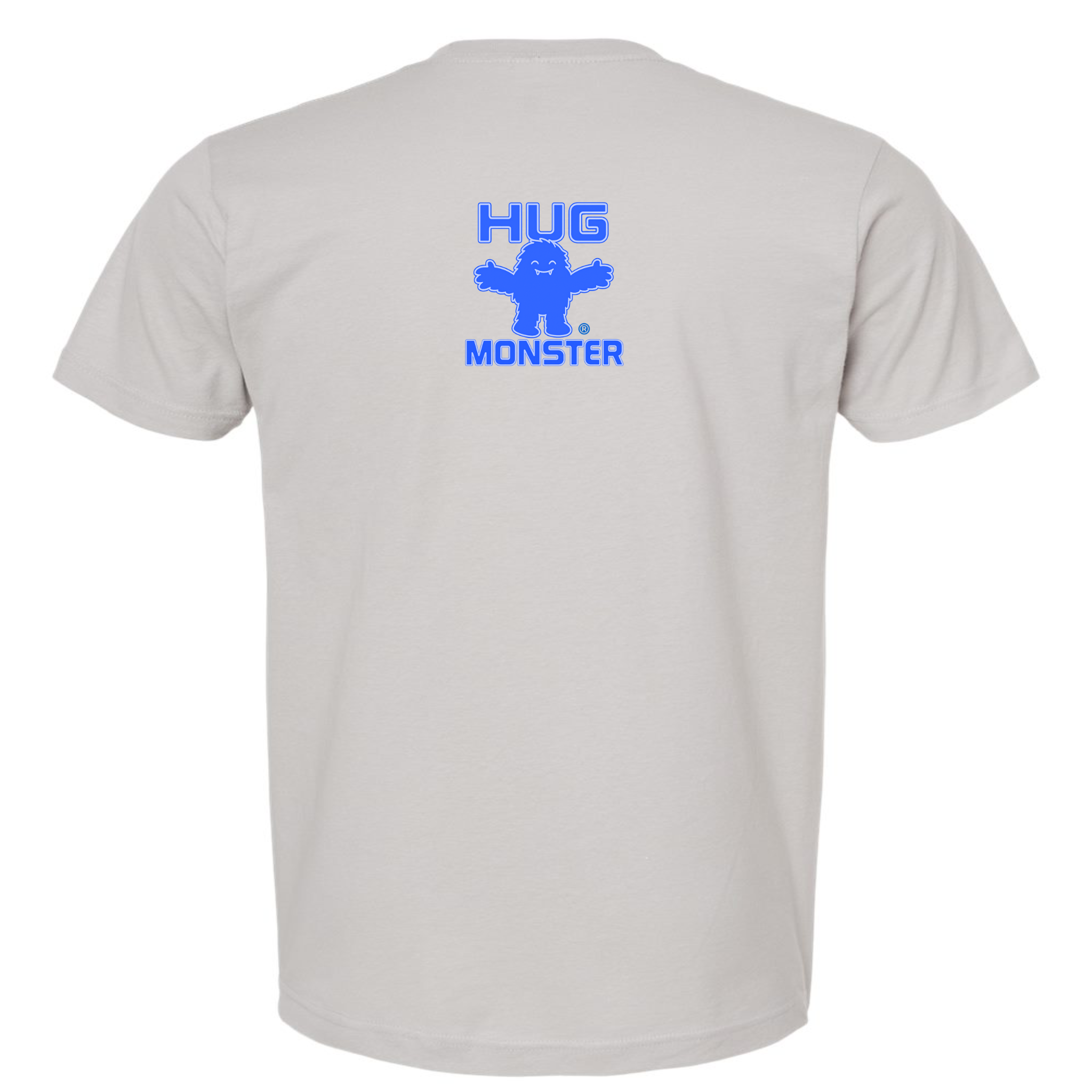 Hug Monster Tiny Retro Monster Hugs (Blue Logo)  T-Shirt - Positive Message Graphic Tee in Silver – Back View