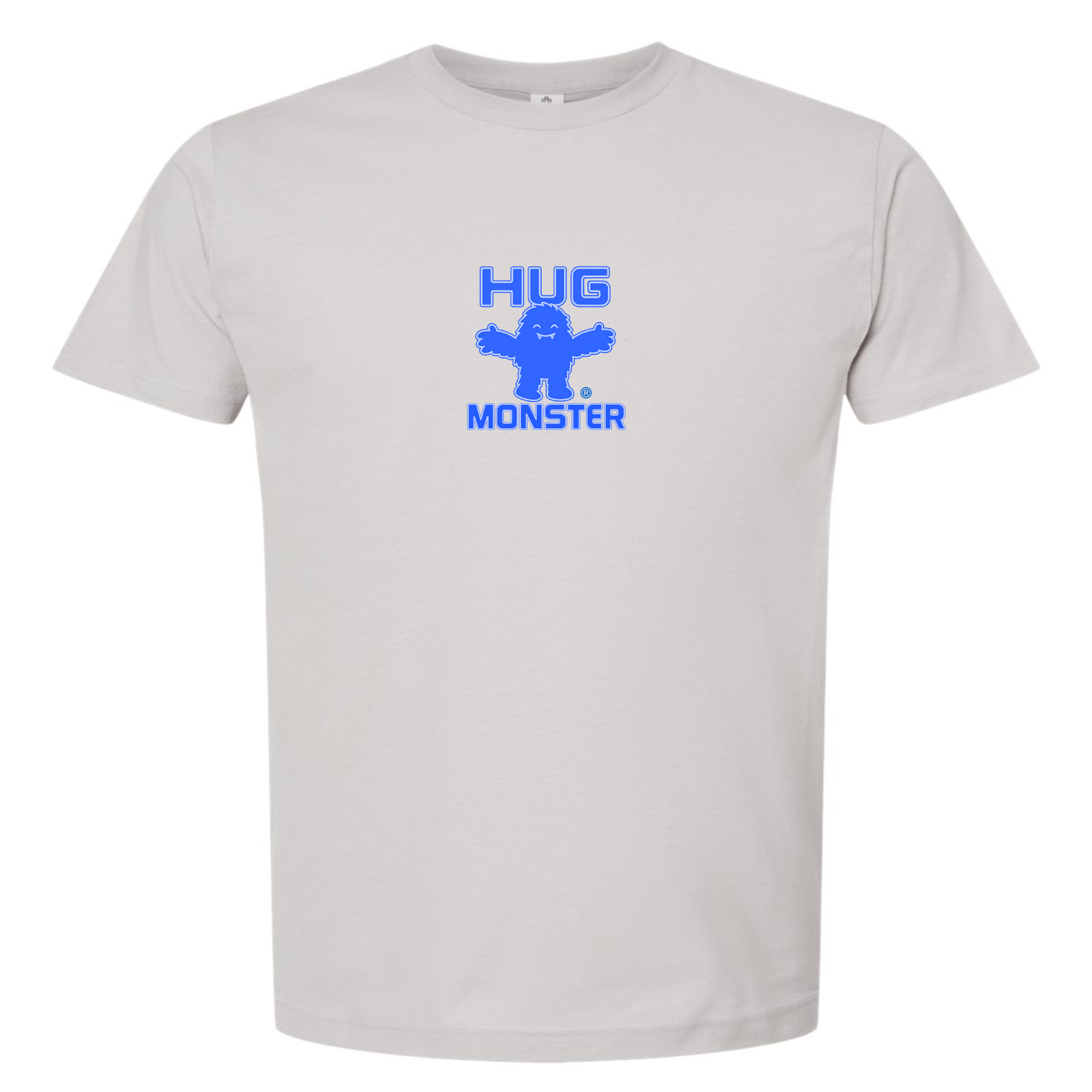 Hug Monster Tiny Retro Monster Hugs (Blue Logo)  T-Shirt - Positive Message Graphic Tee in Silver – Front View