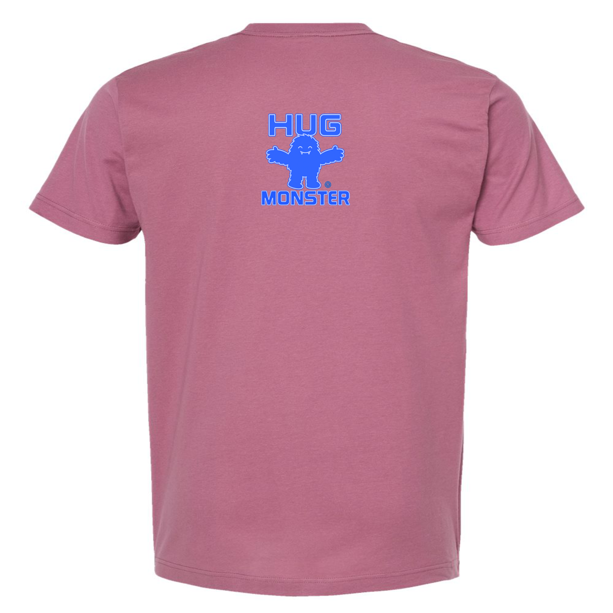 Hug Monster Tiny Retro Monster Hugs (Blue Logo)  T-Shirt - Positive Message Graphic Tee in Soft Dusty Rose Pink – Back View