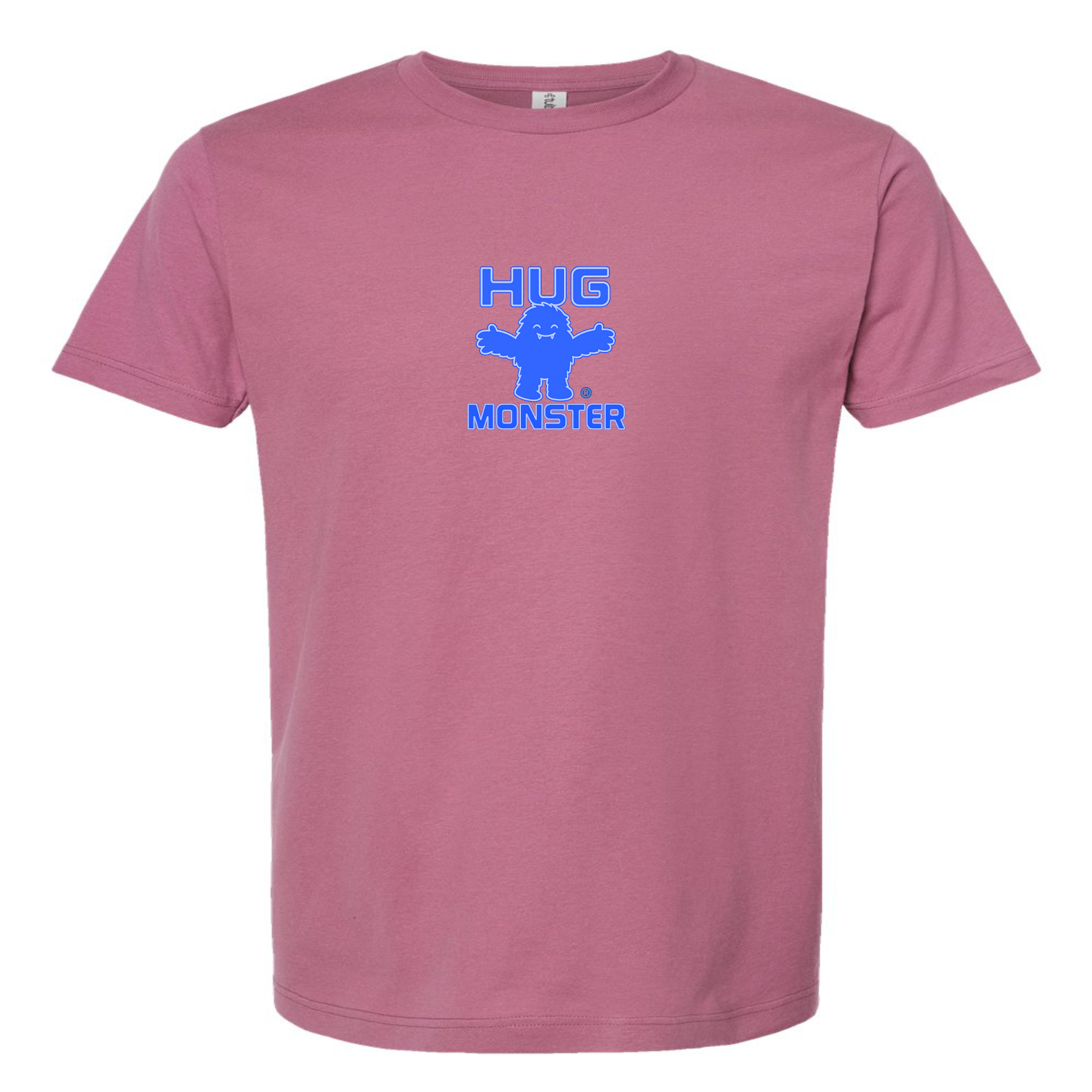 Hug Monster Tiny Retro Monster Hugs (Blue Logo)  T-Shirt - Positive Message Graphic Tee in Soft Dusty Rose Pink – Front View