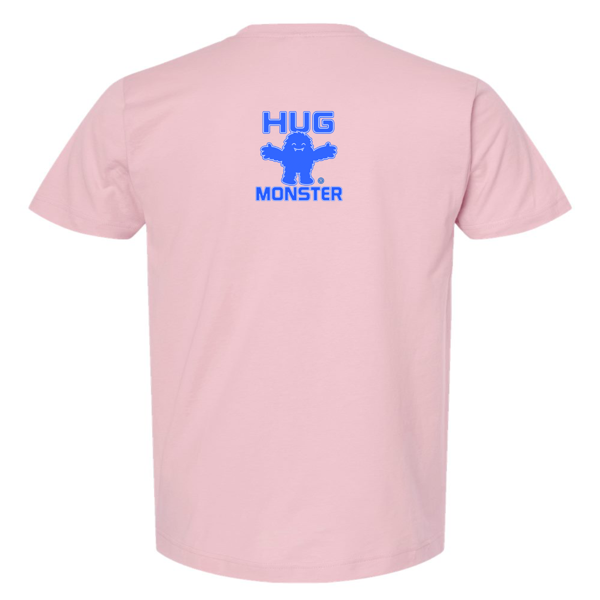 Hug Monster Tiny Retro Monster Hugs (Blue Logo)  T-Shirt - Positive Message Graphic Tee in Soft Pink – Back View