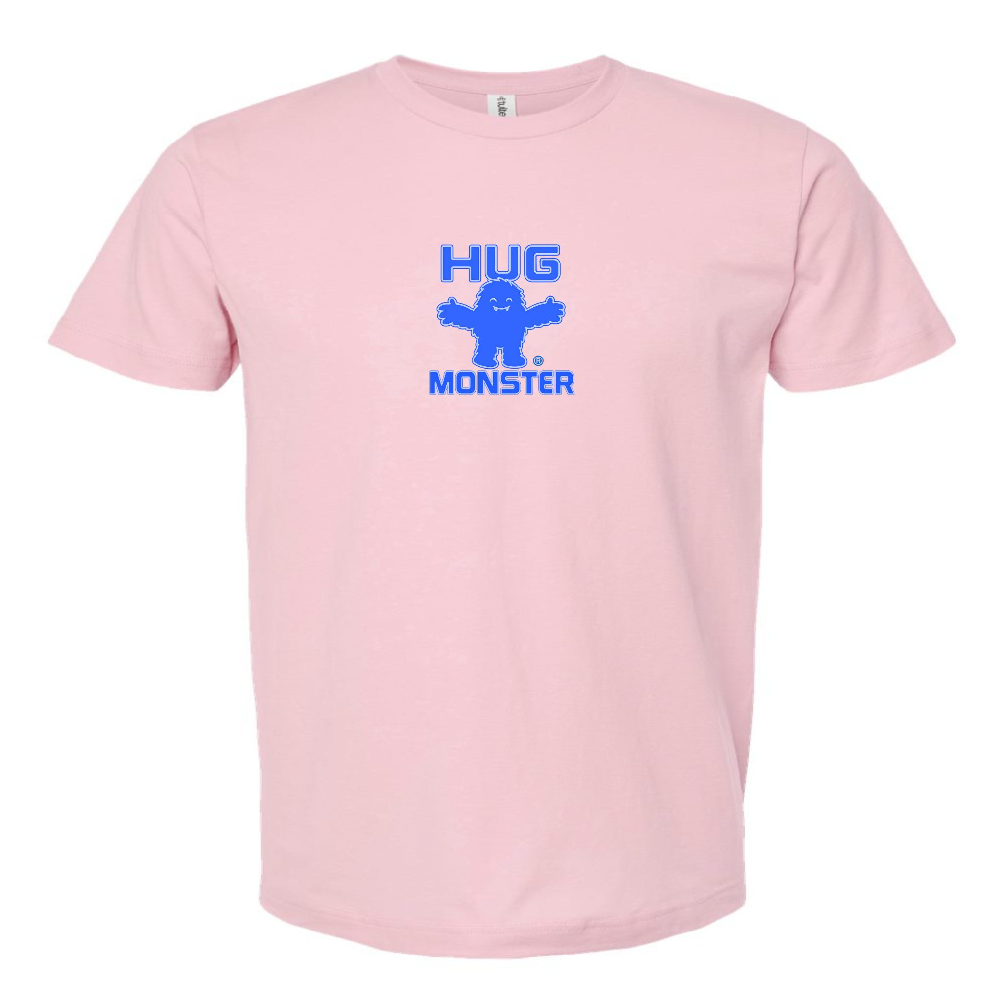 Hug Monster Tiny Retro Monster Hugs (Blue Logo)  T-Shirt - Positive Message Graphic Tee in Soft Pink – Front View