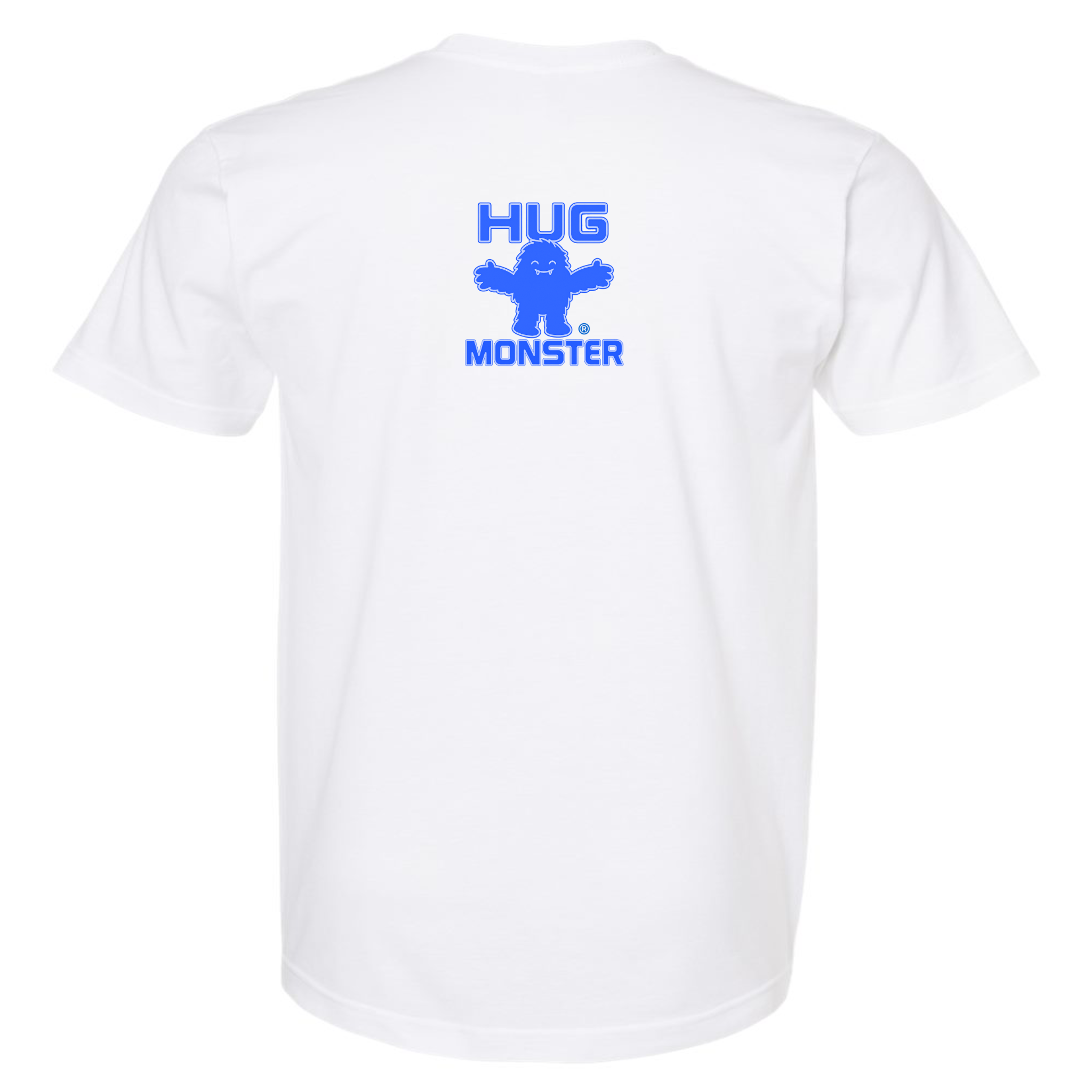 Hug Monster Tiny Retro Monster Hugs (Blue Logo)  T-Shirt - Positive Message Graphic Tee in White – Back View