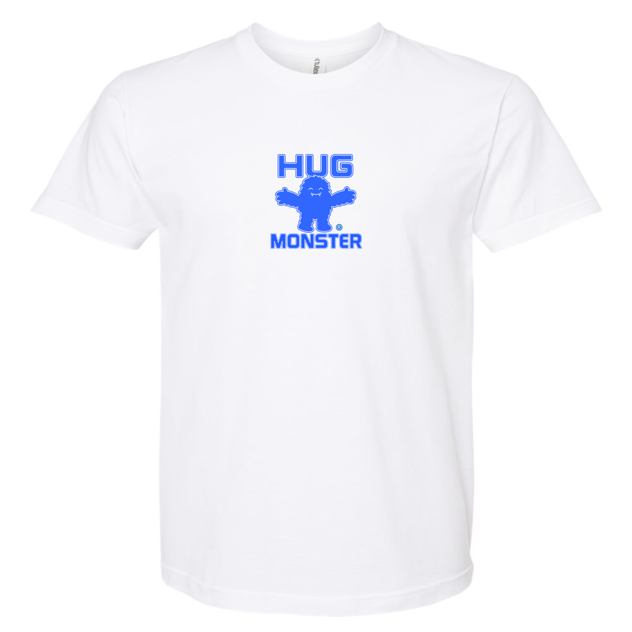 Hug Monster Tiny Retro Monster Hugs (Blue Logo)  T-Shirt - Positive Message Graphic Tee in White – Front View