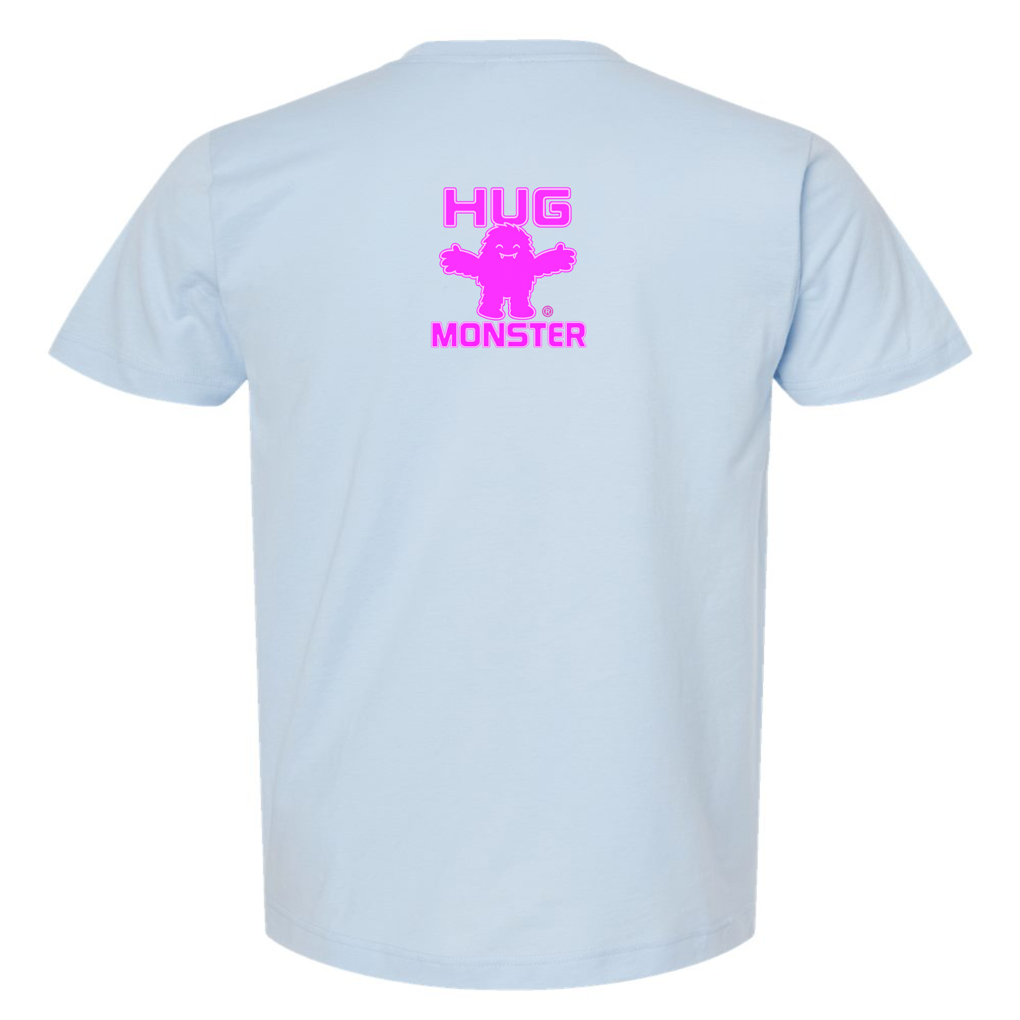 Hug Monster Tiny Retro Monster Hugs (Bright Pink Logo) T-Shirt - Positive Message Graphic Tee in Baby Blue – Back View