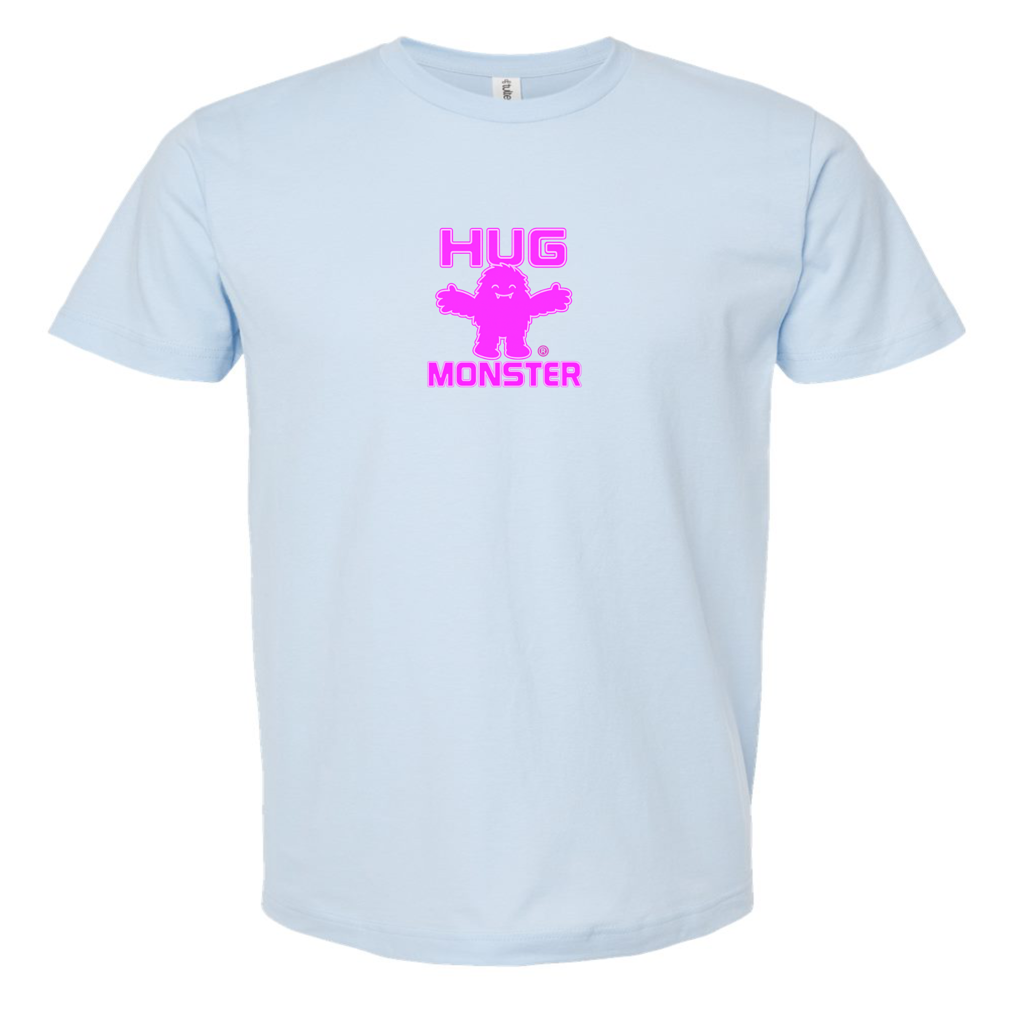 Hug Monster Tiny Retro Monster Hugs (Bright Pink Logo) T-Shirt - Positive Message Graphic Tee in Baby Blue – Front View