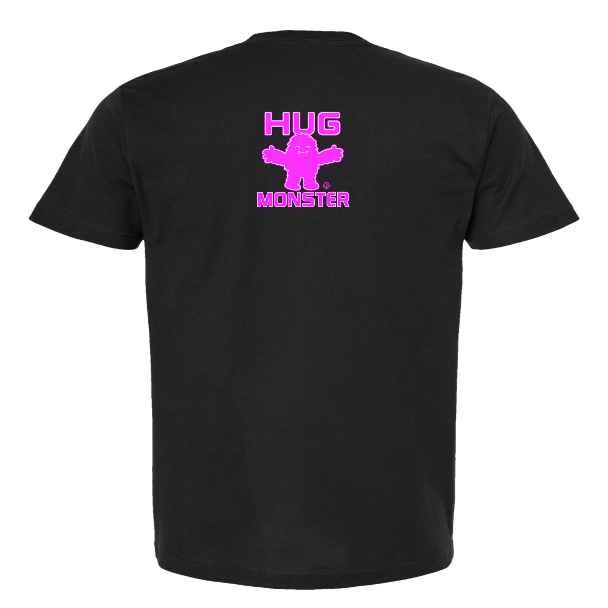 Hug Monster Tiny Retro Monster Hugs (Bright Pink Logo) T-Shirt - Positive Message Graphic Tee in Black – Back View