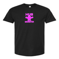 Hug Monster Tiny Retro Monster Hugs (Bright Pink Logo) T-Shirt - Positive Message Graphic Tee in Black – Front View