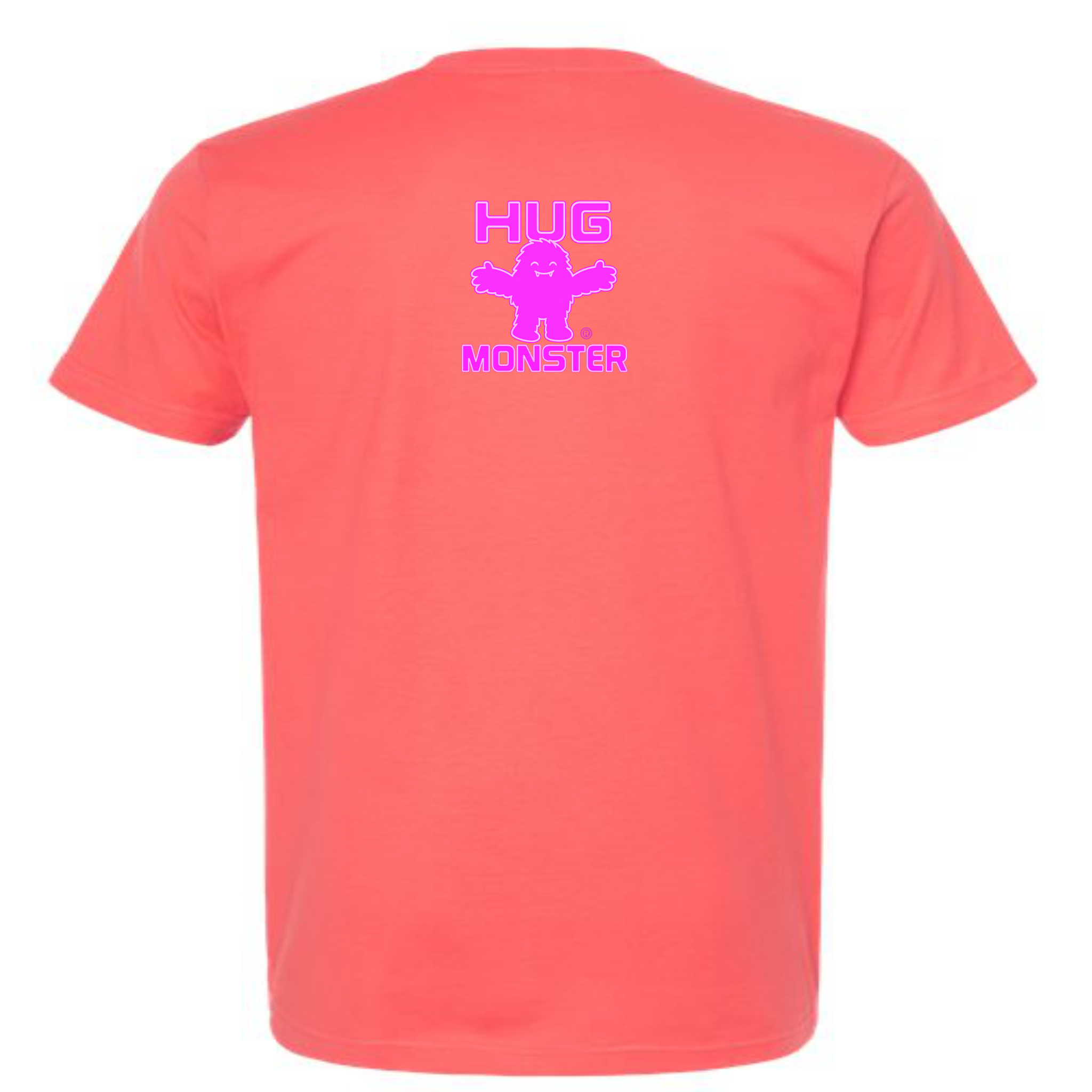 Hug Monster Tiny Retro Monster Hugs (Bright Pink Logo) T-Shirt - Positive Message Graphic Tee in Bright Coral – Back View
