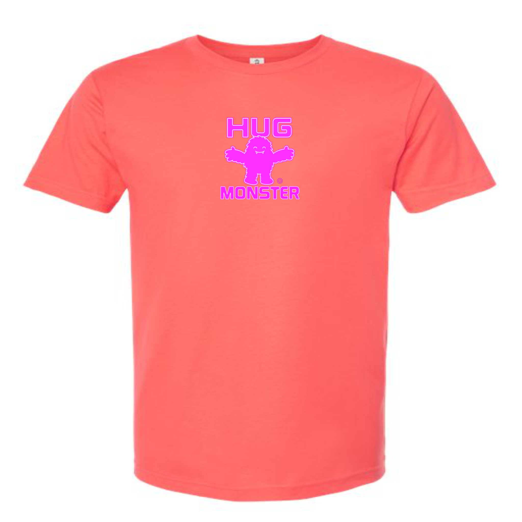 Hug Monster Tiny Retro Monster Hugs (Bright Pink Logo) T-Shirt - Positive Message Graphic Tee in Bright Coral – Front View